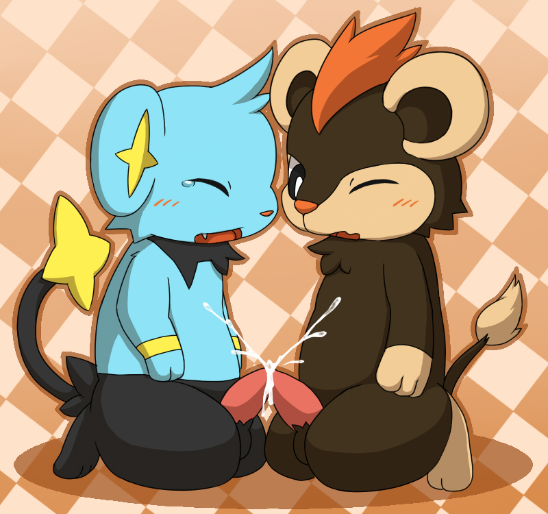 fur interspecies kneeling litleo male male_only multiple_males open_mouth penis pokemon round_ears shinx side_view tagme tail yaoi