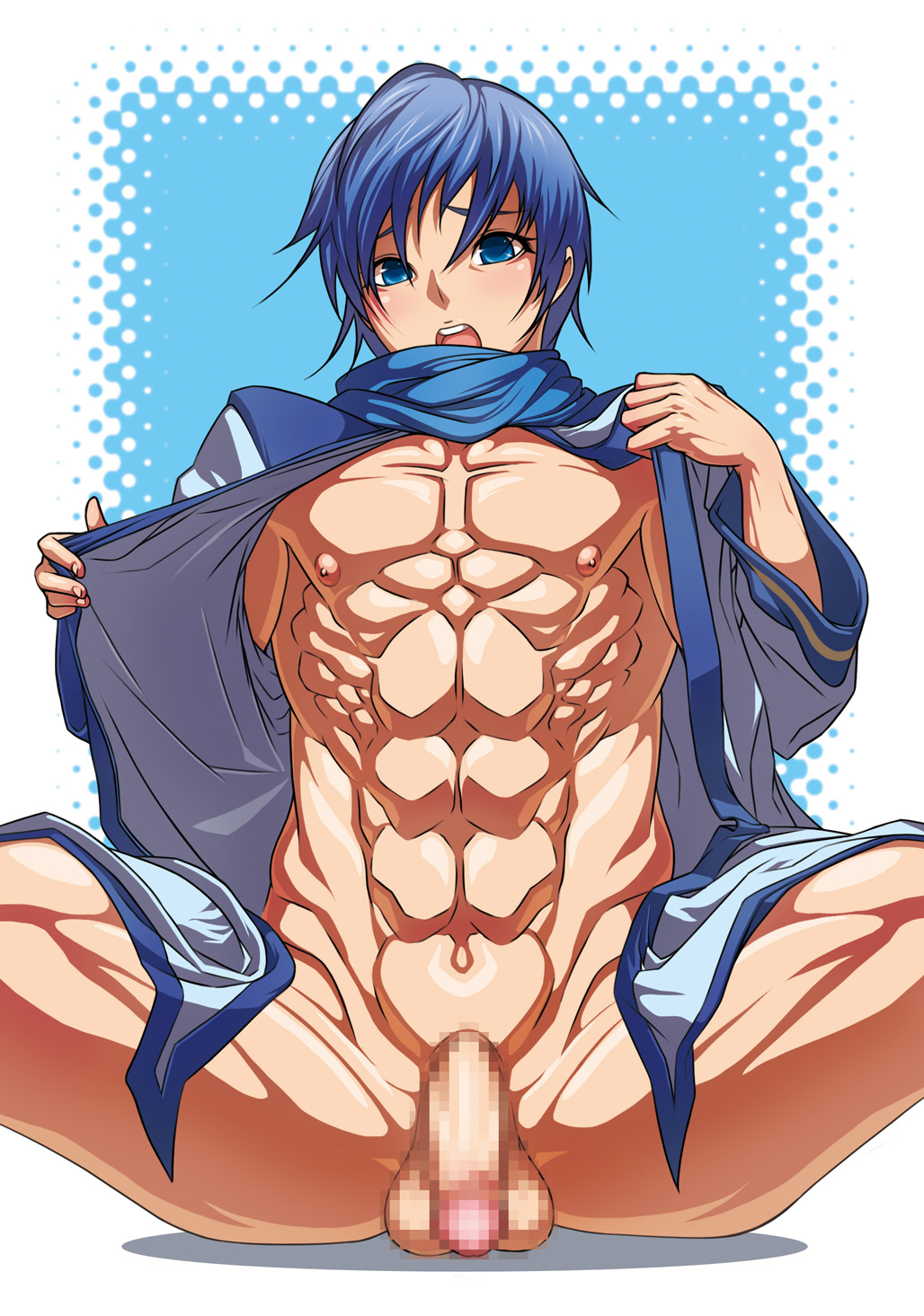 1boy censored censored_penis kaito_(vocaloid) kaito_v1 male male_only mosaic_censoring mosaic_censorship pixelated pixelated_penis simple_background solo tagme vocaloid