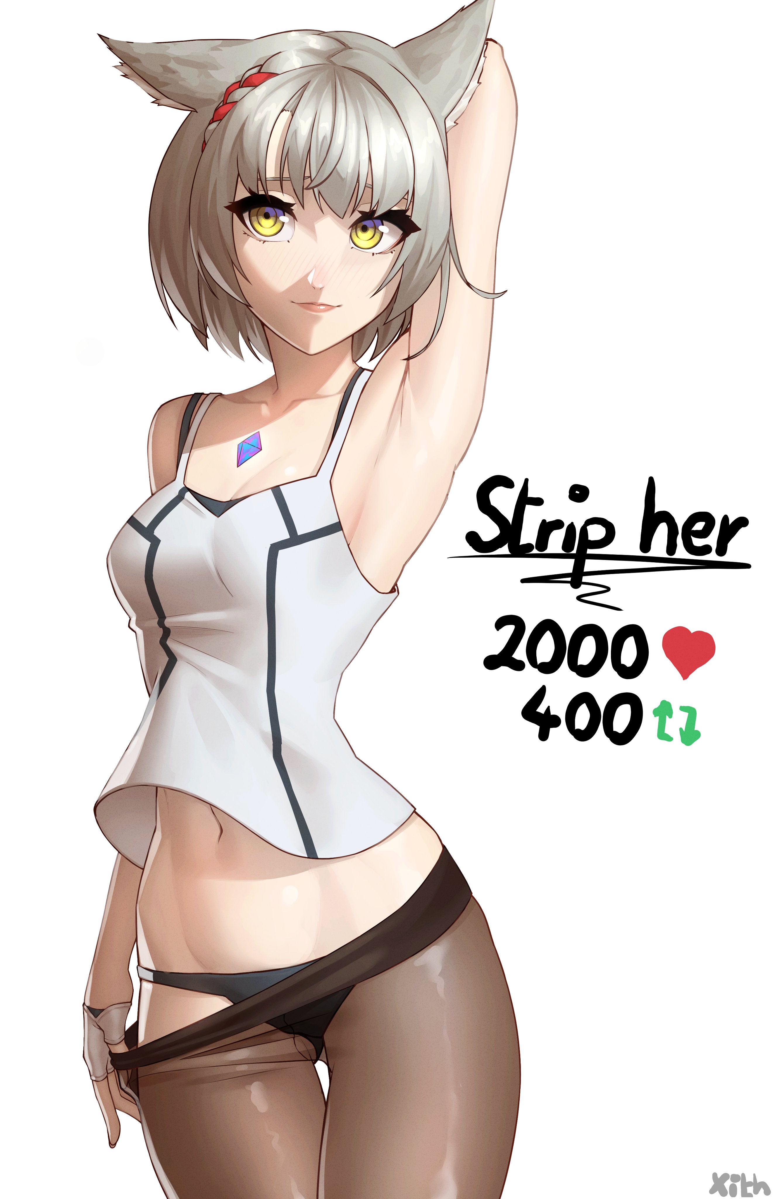 breasts, cat ears, cat girl, catgirl, core crystal, female, grey hair, meme, mio (xenoblade), nintendo, short hair, small breasts, twitter strip game, undressing, x xith x, xenoblade (series), xenoblade chronicles 3, yellow eyes