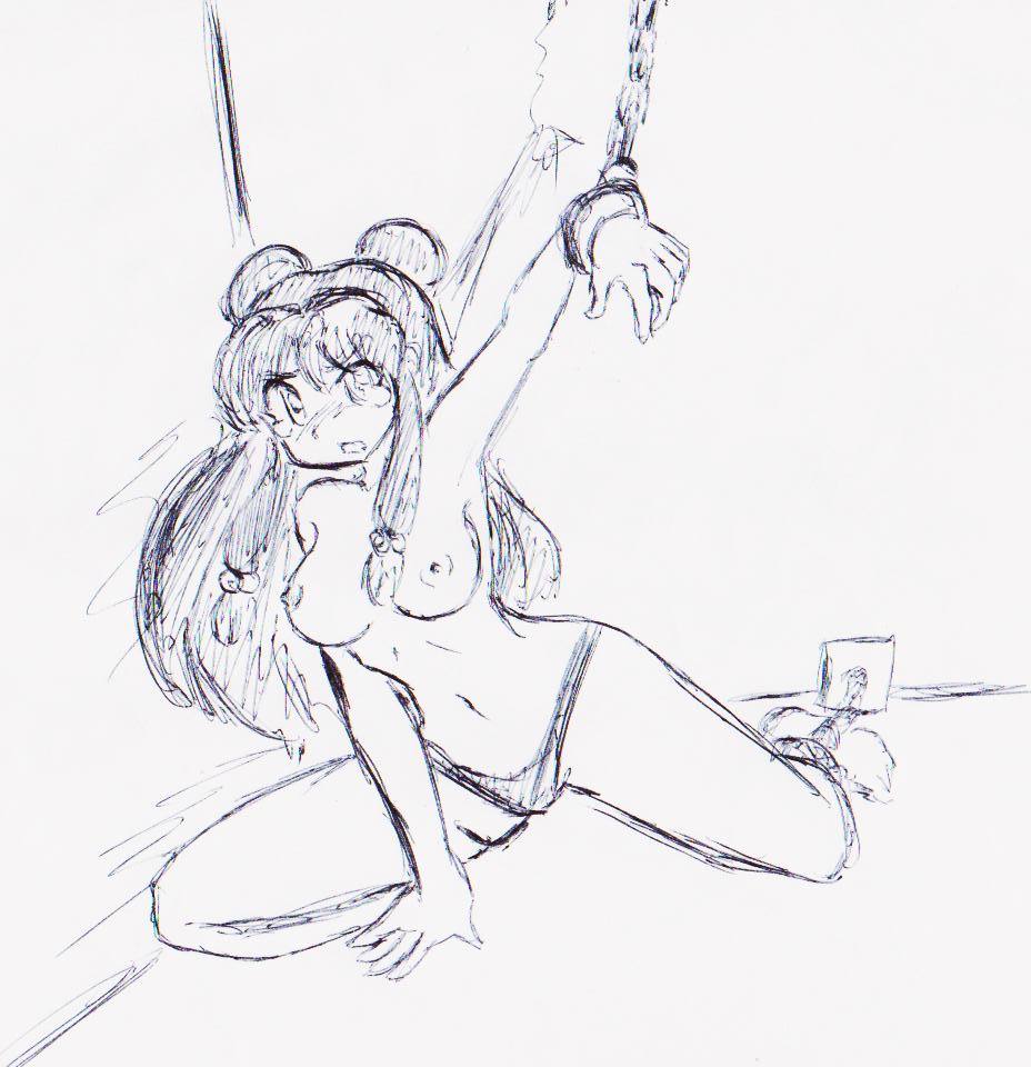 bondage breasts clothing female female_only human long_hair monochrome nipples open_mouth orochivan panties ranma_1/2 restrained rough_sketch shampoo_(ranma_1/2) small_breasts solo spread_legs tears