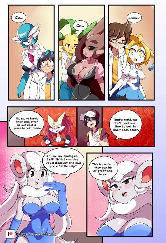 anthrofied blushing_female braixen bray_(lucyfercomic) cincci_(lucyfercomic) cinccino cleavage colette_(inarifox) comic dr._voir furry gardevoir hotel jirachi leafeon lopunny lucyfercomic pokemon pokemon_(species) pokemon_trainer speech_bubbles