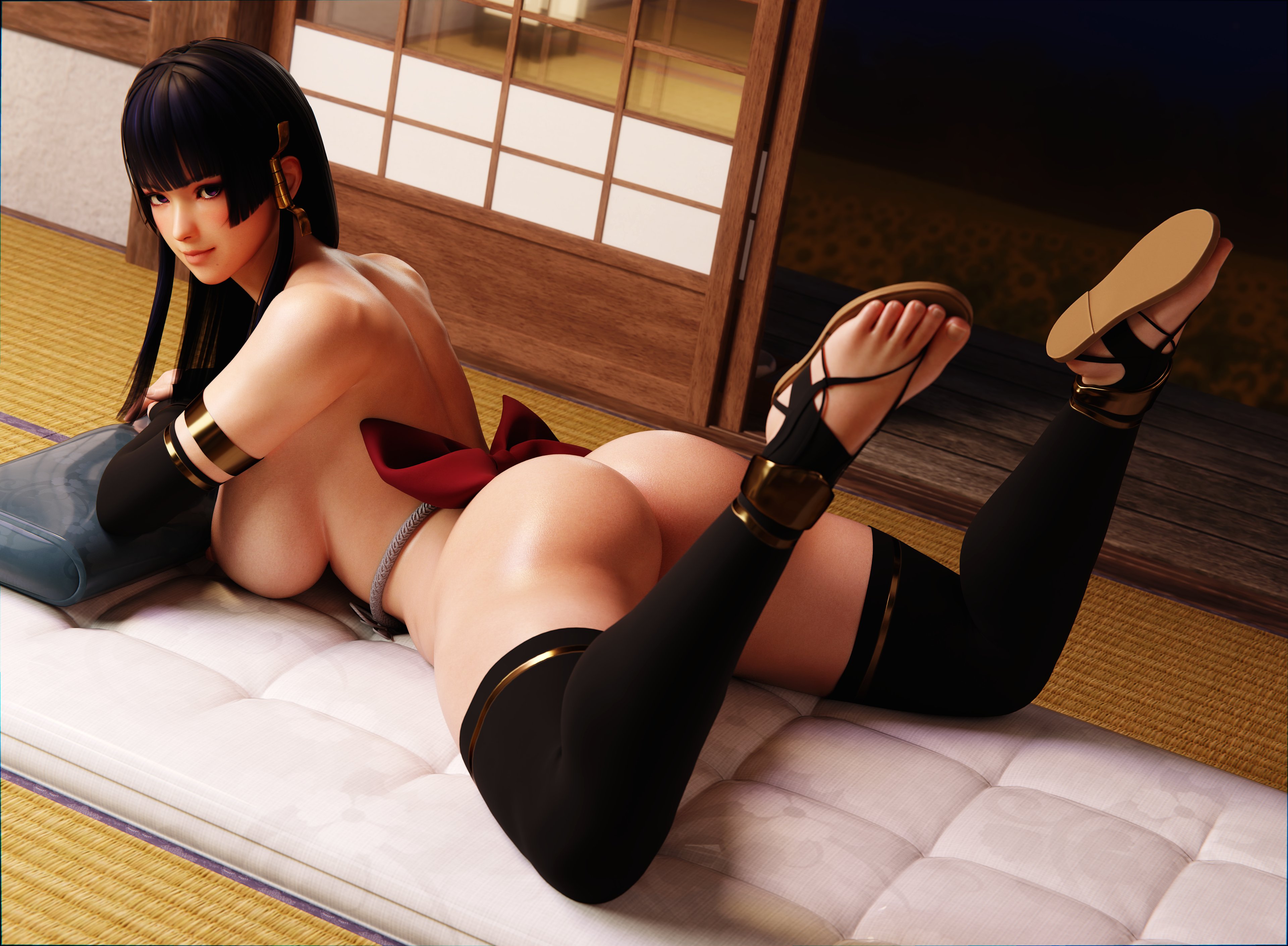 1girls, 3d, breasts, dead or alive, female, legs apart, legs up, long hair, looking at viewer, looking back, naked footwear, no panties, nyotengu, skyarsenic, solo, thighhighs, thighs