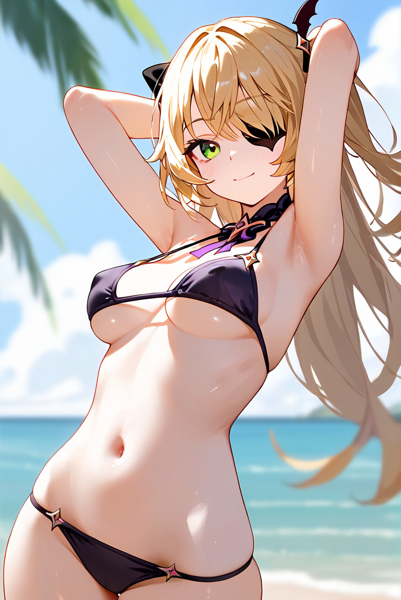 1girls ai_generated armpits beach blonde_hair eyepatch female fischl_(genshin_impact) genshin_impact green_eyes light-skinned_female light_skin looking_at_viewer navel petite pose small_breasts smile underboob