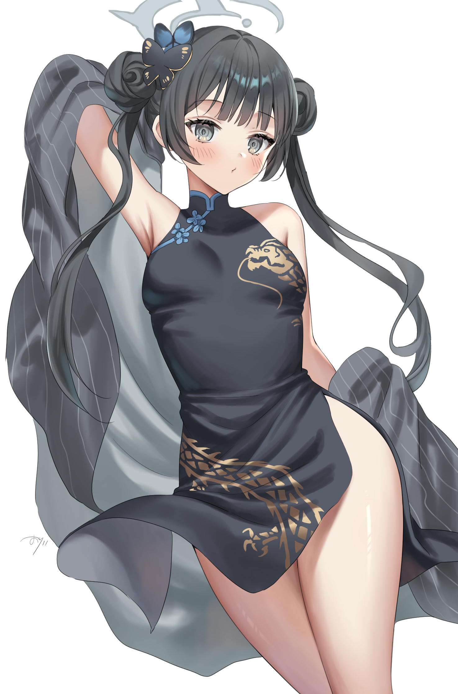 1girls, absurd res, absurdres, armpits, bare arms, bare shoulders, bare thighs, black hair, black-haired female, blue archive, blush, blush lines, blushing female, breasts, china dress, chinese clothes, chinese dress, dot nose, double bun, elbows, female, female focus, female only, grey eyes, grey halo, hair bun, hair ornament, hair ornaments, halo, head tilt, high resolution, highres, kisaki (blue archive), legs, light skin, light-skinned female, long hair, looking at viewer, off shoulder, osyage921, petite, petite body, petite breasts, petite female, shiny skin, shiny thighs, shoulders, simple background, slender body, slender waist, slim female, slim waist, small breasts, solo, standing, thick thighs, thighs, thin waist, tilted head, twintails, underboob, upper body, white background, wide hips