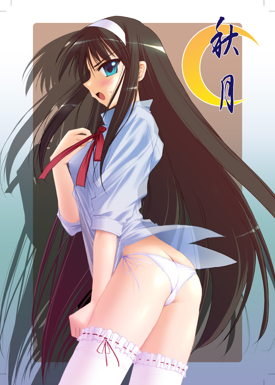 2000s angry asian_female ass ass_focus black_hair blue_eyes blush blushing_at_viewer crescent_moon dat_ass embarrassed hairband imminent_sex kagetsu_tohya leggings long_hair looking_at_viewer melty_blood moon panties slender_body slender_legs slender_waist stockings sweat sweatdrop teenager thighhighs tohno_akiha tsukihime type-moon white_hairband