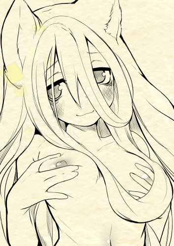 animal_ears bags_under_eyes blush breast_grab breasts female female_only grabbing_own_breast hair_between_eyes half-closed_eyes long_hair looking_away made_in_abyss medium_breasts monochrome narehate nejime shy smile solo upper_body very_long_hair vueko