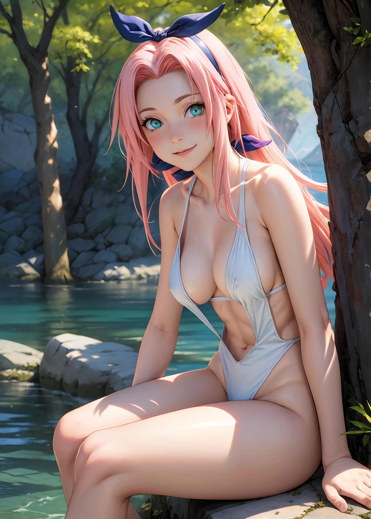 1girls, 2d, ai generated, ass, athletic, athletic female, bare shoulders, belly, big ass, bikini, bikini bottom, bikini top, boruto: naruto next generations, breasts, chest, curvy, curvy figure, cute, cute face, detailed, eyelashes, eyeshadow, female, female only, fit, fit female, focus, green eyes, hair band, hair ornament, high quality, legs, light skin, light-skinned female, lips, lipstick, long hair, looking at viewer, makeup, mascara, mature, medium breasts, midriff, naked, naruto, naruto (classic), naruto (series), naruto shippuden, navel, pale skin, pale-skinned female, petite, petite body, pink hair, posing, sakura haruno, sakura haruno (genin), seductive, seductive look, sling bikini, smile, stable diffusion, tagme, thighs, young, younger female