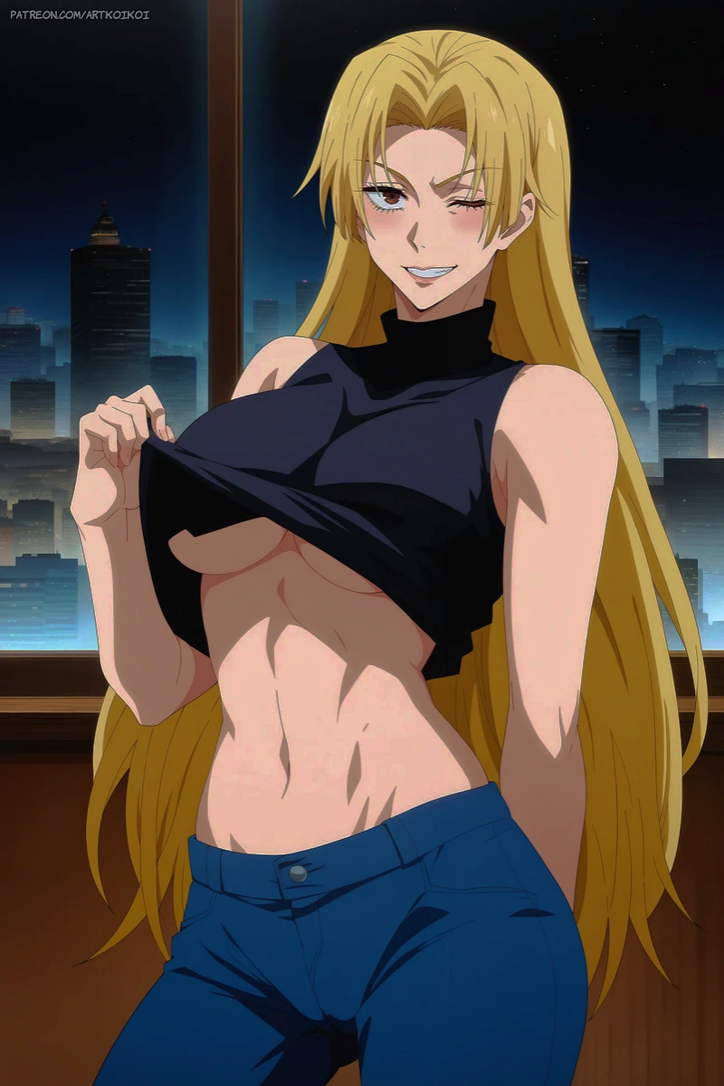 1girls ai_generated belly_button big_breasts blonde_hair jeans jujutsu_kaisen large_breasts light-skinned_female light_skin long_hair looking_at_viewer mature_female midriff navel seductive smile tank_top tank_top_lift teasing wink yuki_tsukumo