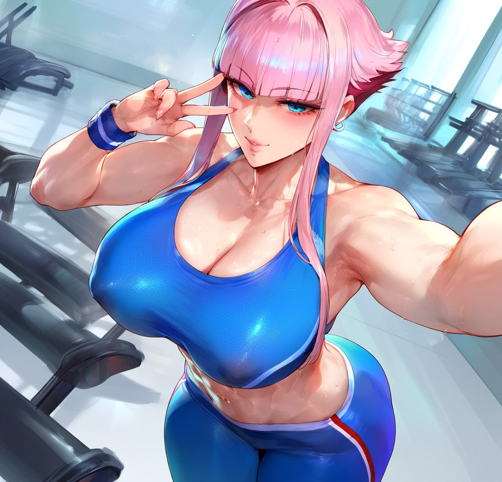 ai generated, bangs, blue eyes, blunt bangs, breasts, cleavage, covered nipples, female, gym, gym uniform, huge breasts, jewelry, large breasts, looking at viewer, manon legrand, muscles, muscular, muscular female, nipples, nipples visible through clothing, pink hair, self upload, smile, sports bra, street fighter, sweat, v