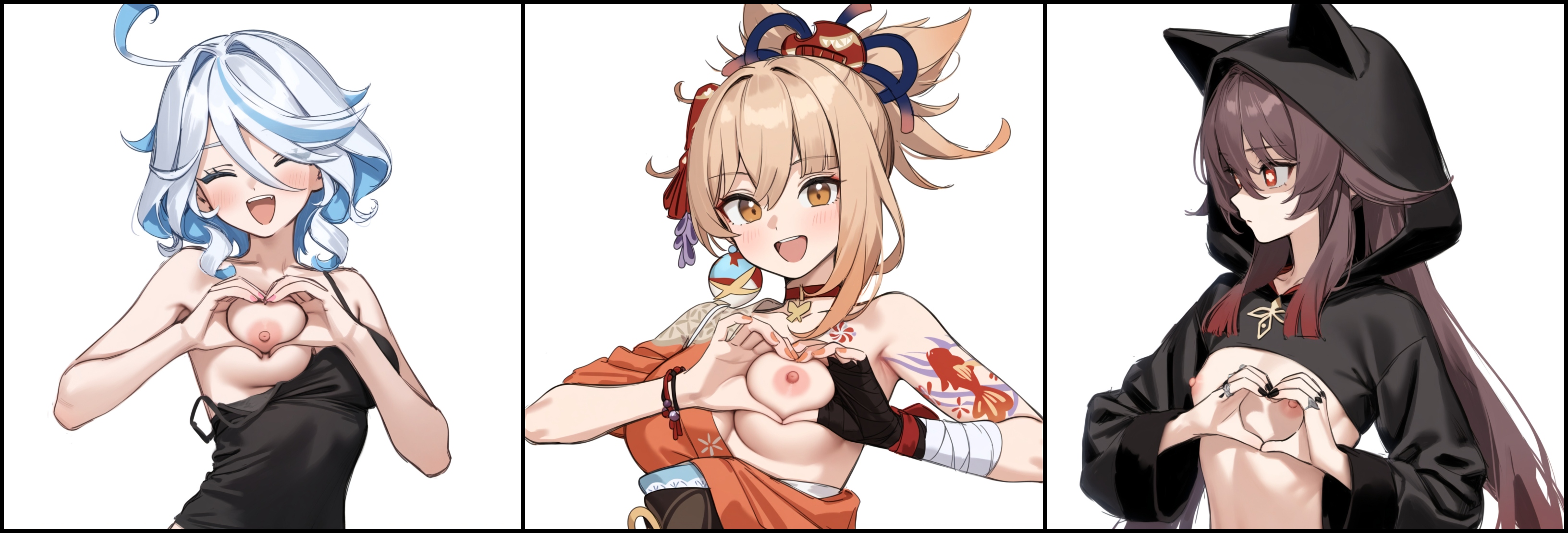3girls, ai generated, artist request, bad pixiv id, blonde hair, blue eyes, blue hair, blush, breast envy, breasts, brown hair, clothing, female, fully clothed, furina (genshin impact), genshin impact, heart, heart hands, hoodie, hu tao (genshin impact), kimono, large breasts, looking at viewer, medium breasts, nipples, orange eyes, red eyes, small breasts, smile, stable diffusion, tank top, white hair, yoimiya (genshin impact)