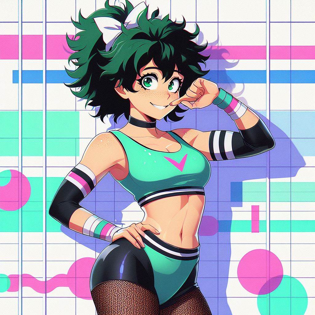 ai_generated artificial-sissy big_breasts cleavage dress female female_deku freckles genderswap_(mtf) green_eyes green_hair izuku_midoriya leggings my_hero_academia rule_63 solo sportswear