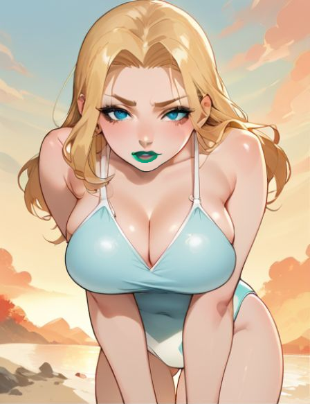 ai_generated anime anime_style beach_background blonde_hair blue_eyes blue_lipstick blue_swimsuit emma_frost huge_breasts looking_at_viewer marvel marvel_comics sunrise webart20 x-men