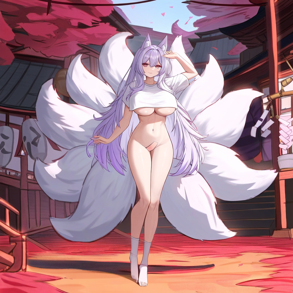 ai_generated big_breasts breasts fan_character female female_focus female_only fluffy_ears fluffy_tail fox fox_ears fox_girl fox_tail kitsune kitsunemimi large_breasts long_hair multiple_tails nine_tailed_fox nude nude_female original original_character partially_clothed partially_nude perfect_body pussy_visible semi_nude sexykitsune sweater tails thick_thighs underboob white_hair