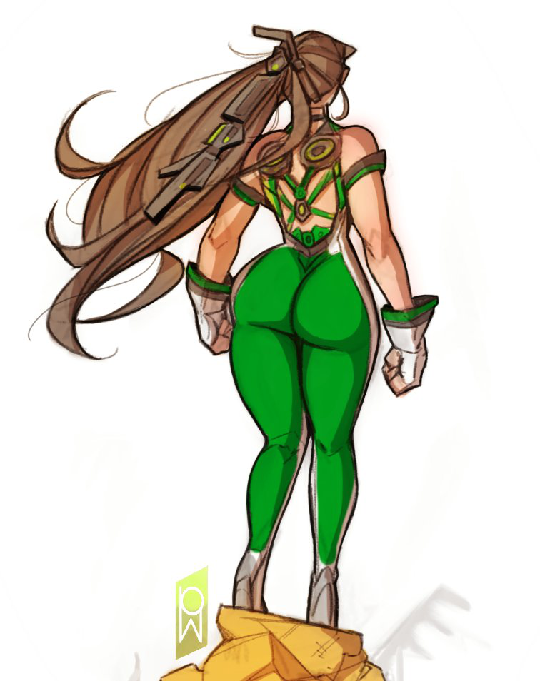 ass_focus back_view brown_hair eve_(stellar_blade) green_pants large_ass long_hair stellar_blade tomphelippe