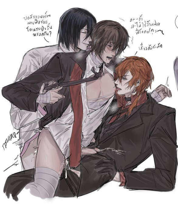 3boys 3males 3some black_hair blazer bottom_dazai brown_hair brown_hair_male bsd bungo_stray_dogs bungou_stray_dogs chuuya_nakahara cum cumming_from_anal_sex dazai_osamu doggy_style feminine_male fyodor_dostoevsky fyozai gay male/male/male penis red_hair red_hair_male soukoku suit_and_tie thai_text threesome twink uncensored yaoi