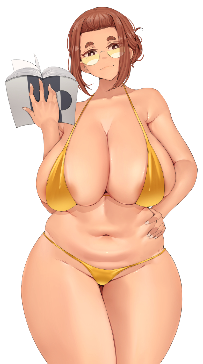 1girls, big breasts, bikini, book, breasts, brown hair, busty, chubby, chubby female, curvaceous, curvy, curvy body, curvy female, curvy figure, female, glasses, hand on hip, huge breasts, kaii to otome to kamikakushi, large breasts, mole, mole under eye, ogawa sumireko, short eyebrows, small eyebrows, taiko3000cc, thick thighs, thighs, voluptuous, white background, wide hips