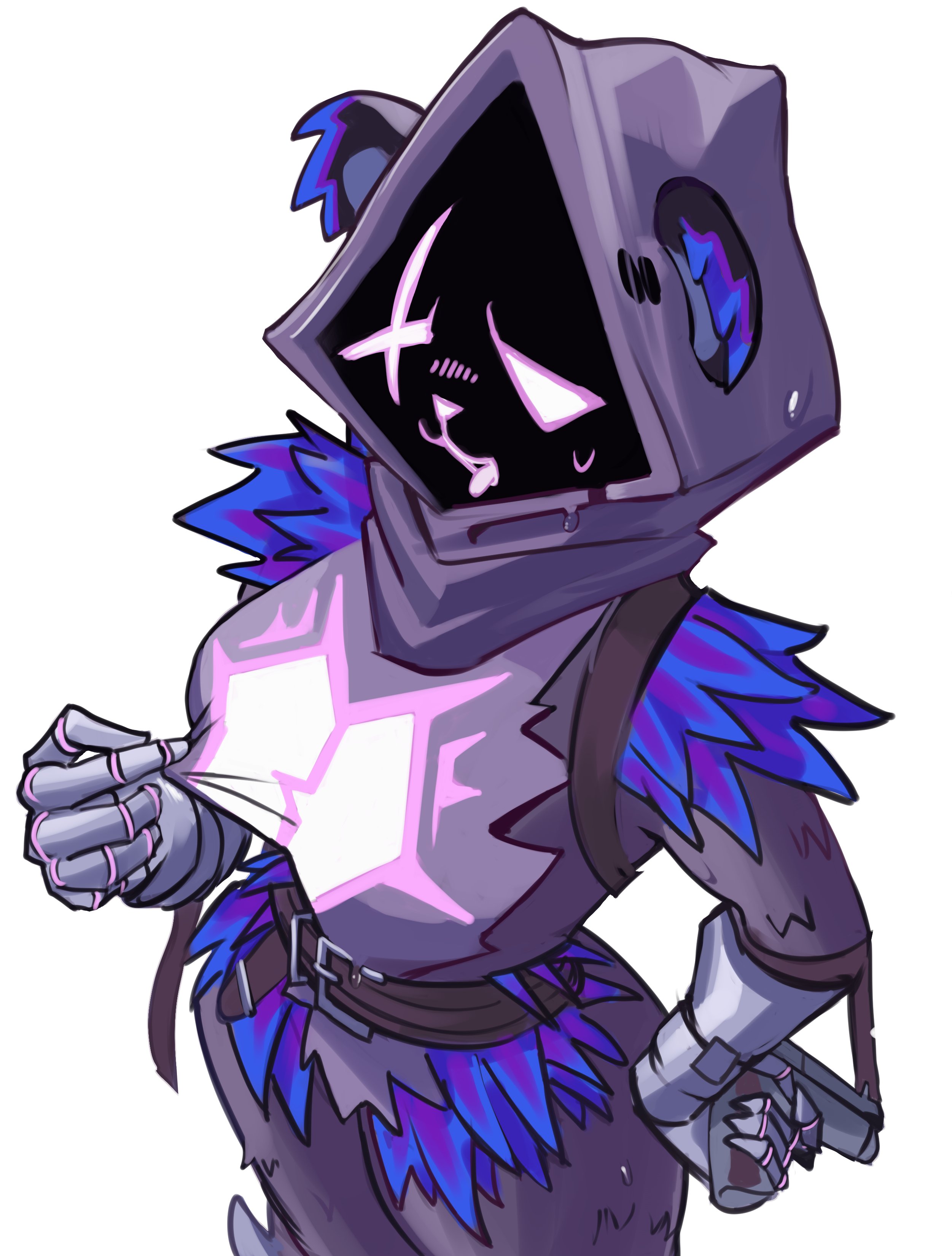 belt, female, fortnite, furry, hood, moxydrawsmore, pistol, pulling clothing, raven team leader, sweat, sweatdrop, sweating, tongue, tongue out