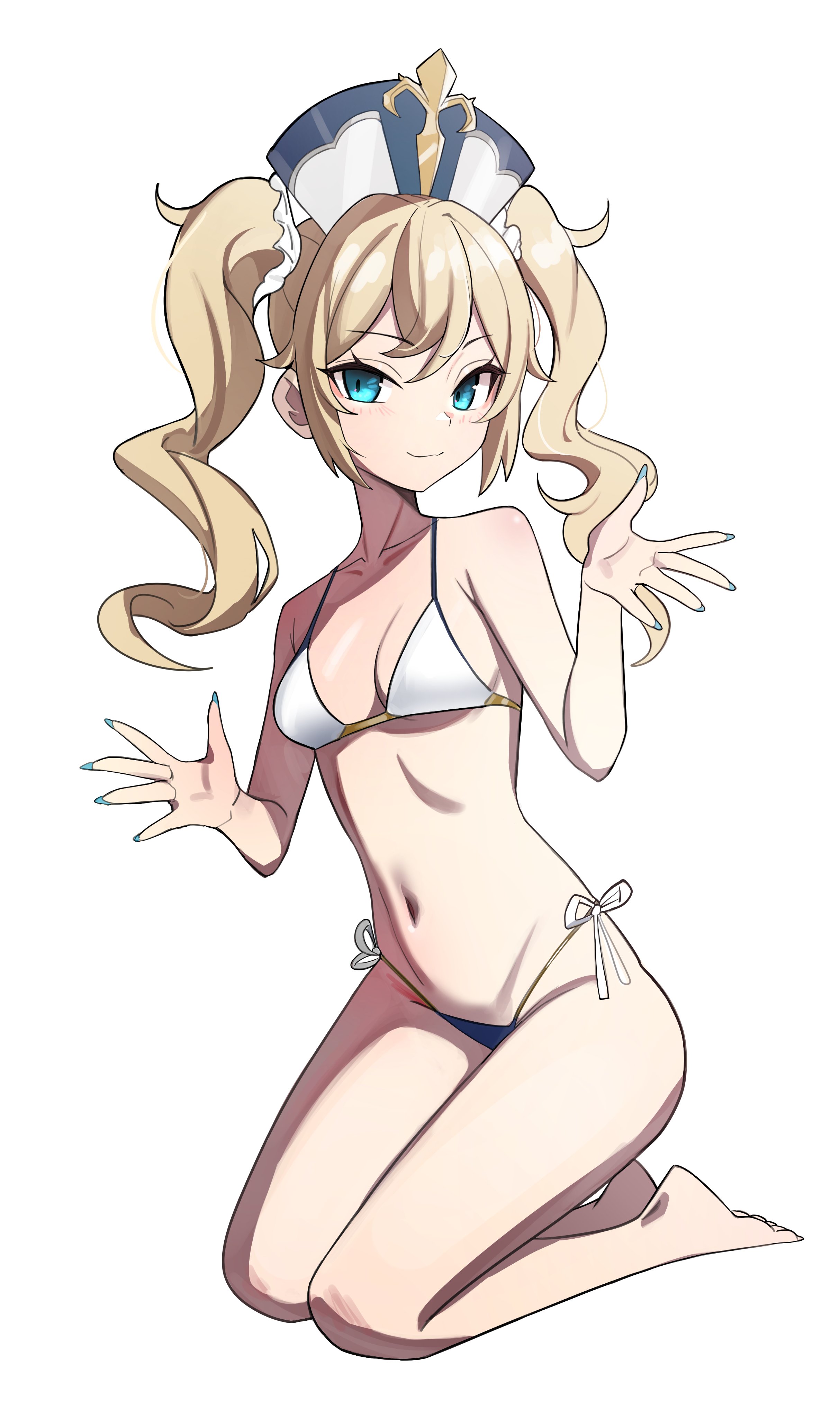 1girls, 2d, 2d (artwork), alternate costume, barbara (genshin impact), belly, bikini, bikini bottom, bikini top, blonde hair, blue bikini bottom, blue eyes, blue nails, bra, female, female focus, female only, front view, full body, genshin impact, high resolution, highres, hoyoverse, kiritzugu, light skin, light-skinned female, looking at viewer, mihoyo, navel, on knees, petite, petite body, petite female, pigtails, revealing swimsuit, simple background, smiling, smiling at viewer, solo, solo female, solo focus, swimsuit, thong, thong bikini, two piece swimsuit, white background, white bikini top, young, younger female
