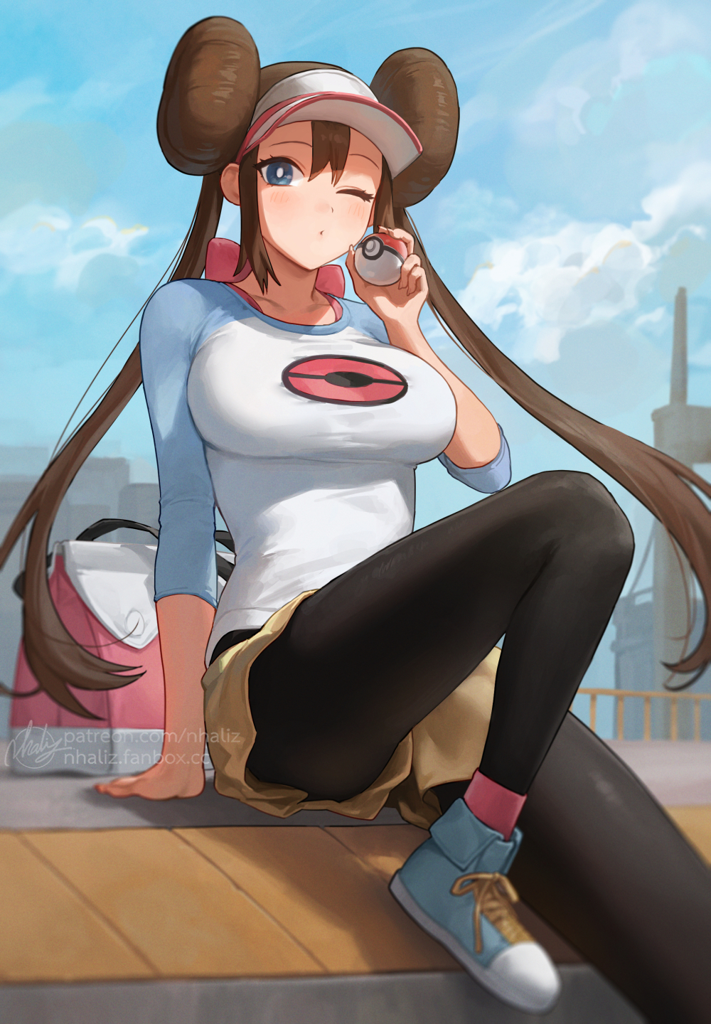 ;o bag black_pantyhose blue_eyes blue_sky breasts brown_hair creatures_(company) double_bun doughnut_hair_bun fanbox_username female fingernails game_freak hair_bun highres holding holding_poke_ball large_breasts long_sleeves nhaliz nintendo one_eye_closed outdoors pantyhose pantyhose_under_shorts parted_lips patreon_username poke_ball poke_ball_(basic) poke_ball_print pokemon pokemon_bw2 raglan_sleeves rosa_(pokemon) sharp_fingernails shirt short_shorts shorts sidelocks sitting sky solo twintails visor_cap watermark web_address yellow_shorts