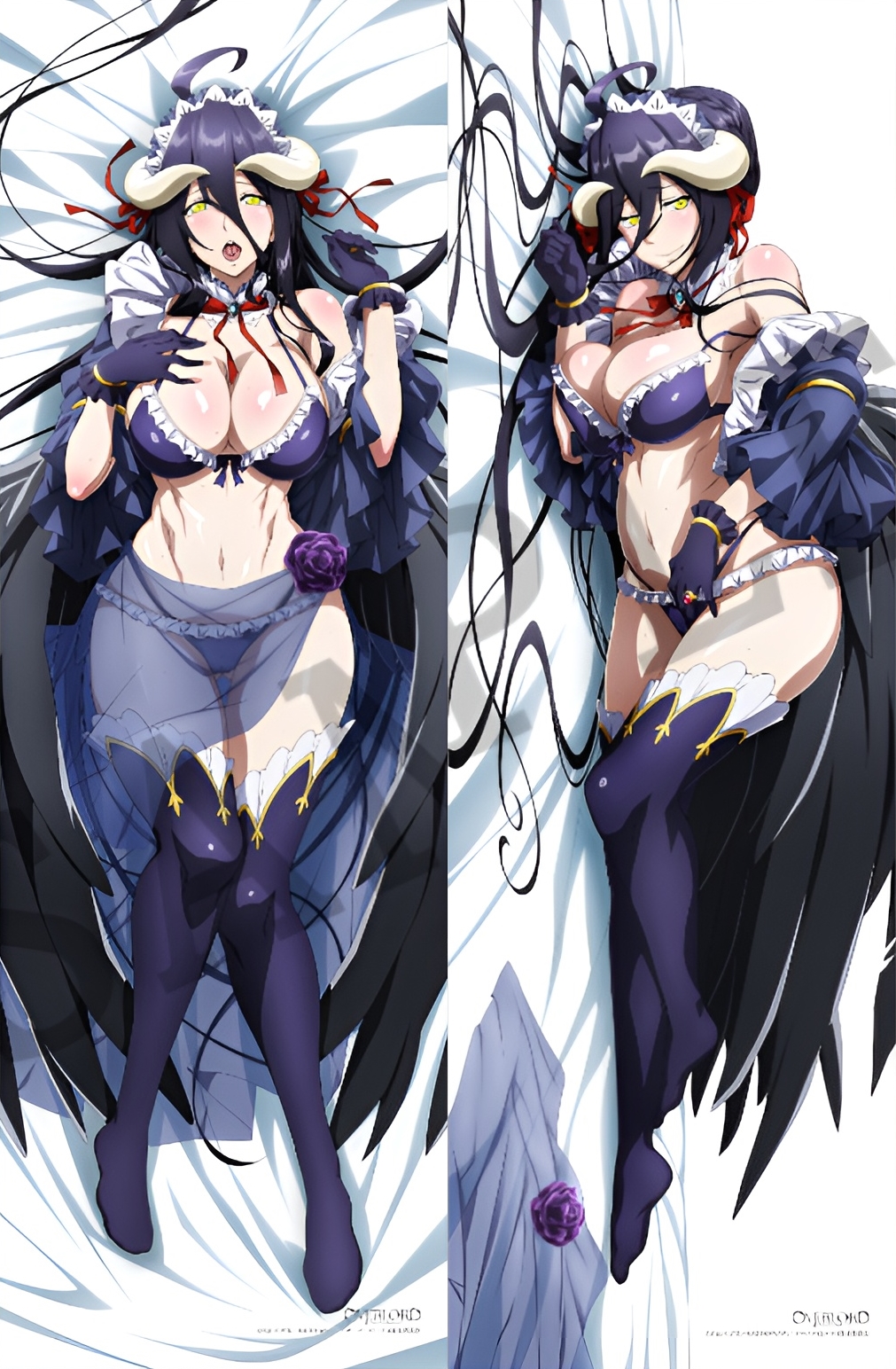 albedo_(overlord) bare_belly bare_shoulders belly_button big_breasts black_hair blush bra breasts dakimakura dakimakura_design feet gloves hand_in_panties hand_on_breast long_hair maid_headdress mouth_closed official_art open_mouth overlord_(maruyama) panties ring sample_watermark smile succubus succubus_horns succubus_wings thick_thighs thighhighs thighs tongue_visible underwear yellow_eyes