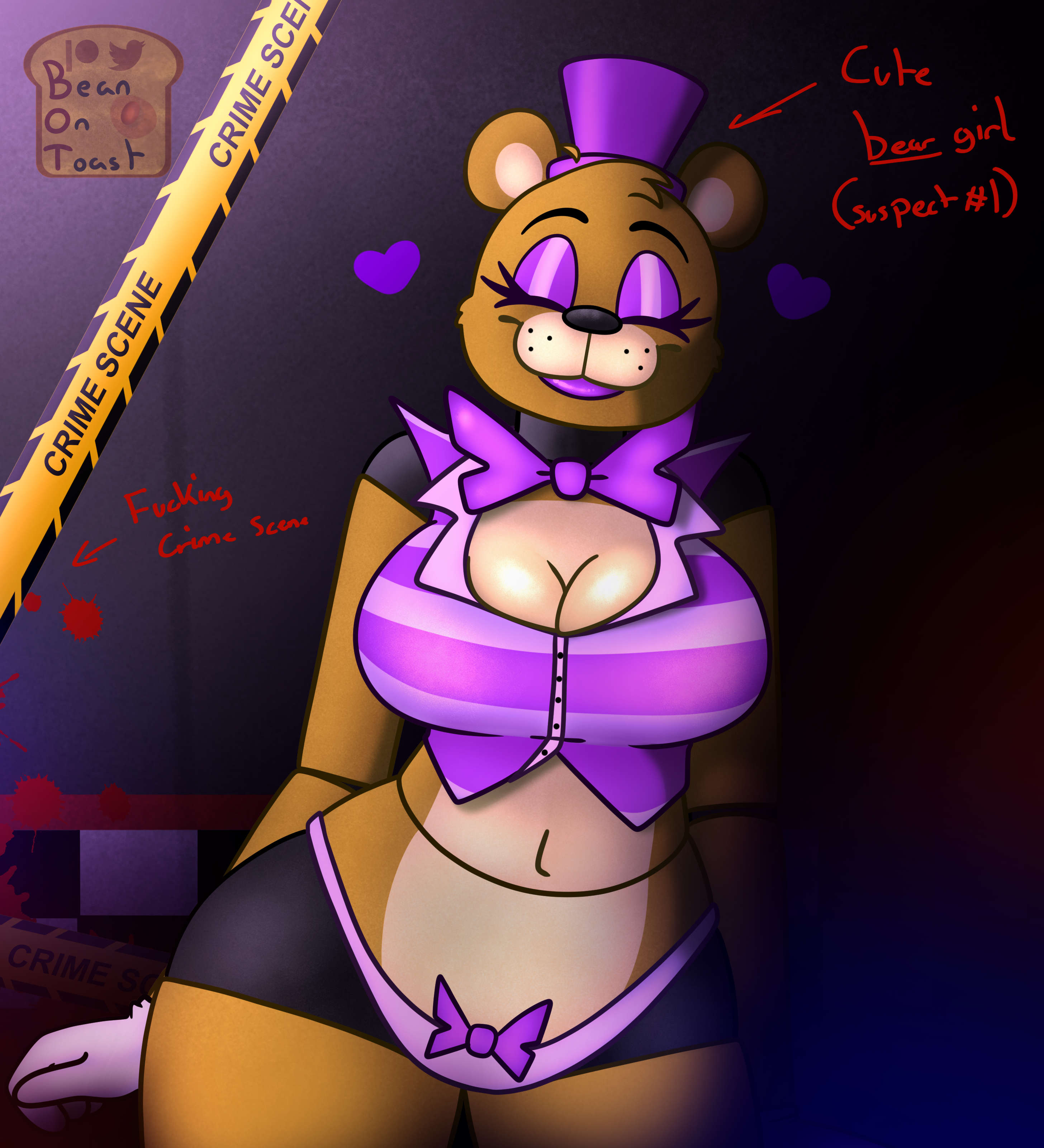 anthro, beanontoast, bear ears, bear girl, big breasts, breasts, female, five nights at freddy's, fredbear (fnaf), rule 63, solo, thick thighs