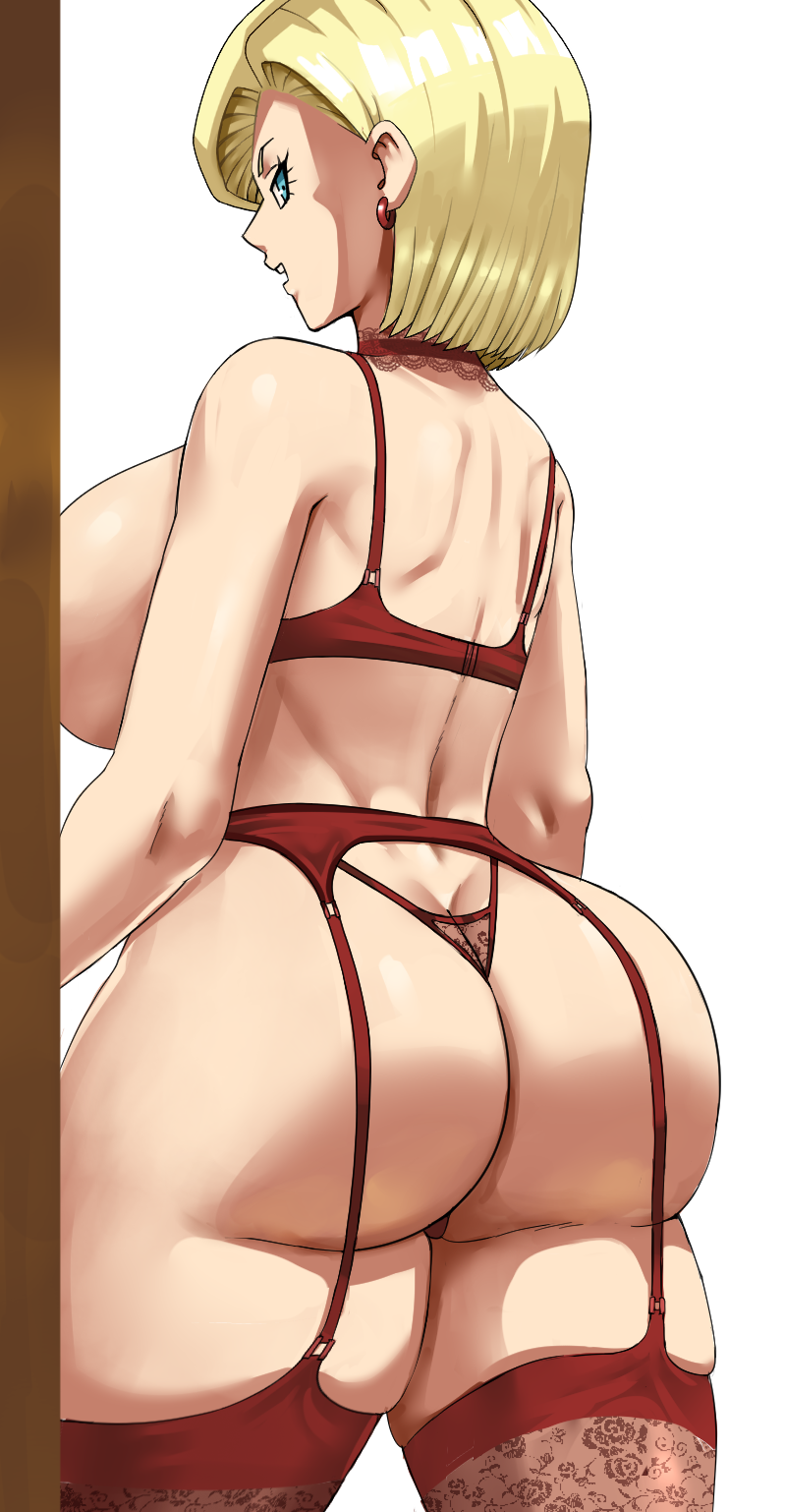 1girls, android 18, artist request, ass, blonde hair, blue eyes, dragon ball, dragon ball super, dragon ball z, female, female only, huge ass, lingerie, solo, tagme, thong