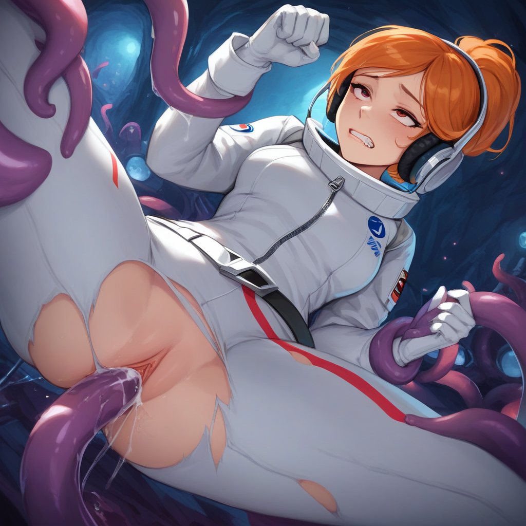 2024 ai_generated astronaut_suit cave exposed_pussy headphones kxy orange_eyes orange_hair original original_character pussy rolling_eyes sdxl space spacesuit spread_legs tentacle tentacle_grab tentacle_in_pussy tentacle_rape tentacles_around_arms tentacles_around_legs torn_clothes vaginal vaginal_penetration