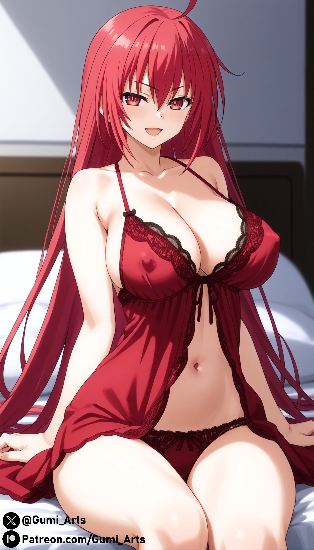 ai generated, alternate breast size, babydoll, breasts, cleavage, covered nipples, date a live, female, gumi arts, itsuka kotori, lace trim, large breasts, looking at viewer, naughty face, navel, panties, red eyes, red hair, sitting, stable diffusion, thick thighs