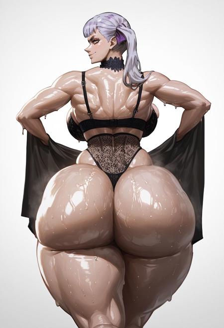 1girls, ai generated, ass, back view, big ass, bimbo, bimbo body, black clover, bubble ass, bubble butt, choker, female, female only, huge ass, hyper thighs, lingerie, massive thighs, niduscharger, noelle silva, solo, thick thighs, thunder thighs