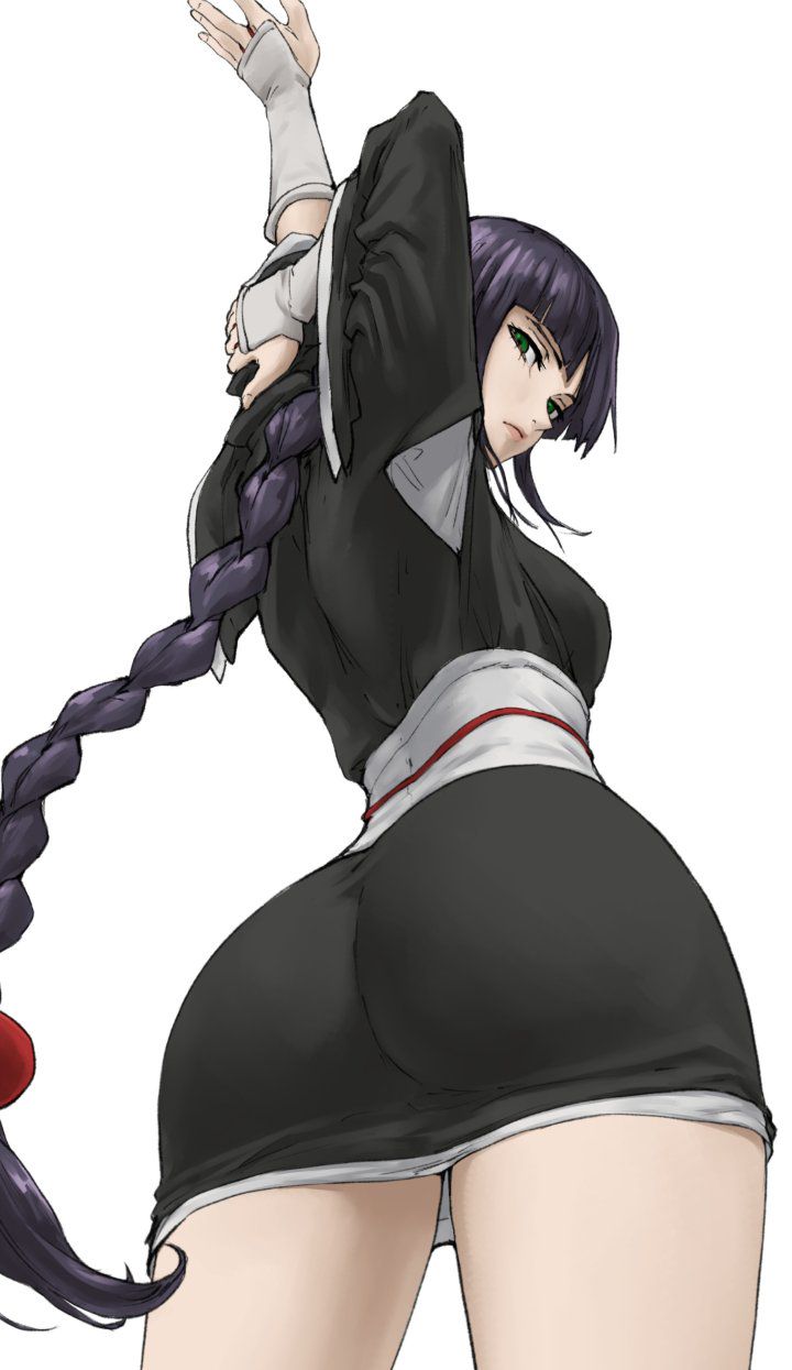 1girls, ass, ass focus, black hair, black kimono, bleach, braid, breasts, closed mouth, clothing, commentary, cowboy shot, female, from behind, fully clothed, green eyes, highres, japanese clothes, kimono, kurotsuchi nemu, long hair, looking back, obi, ozkh, purple hair, sash, short kimono, single braid, small breasts, solo, stretching, white background