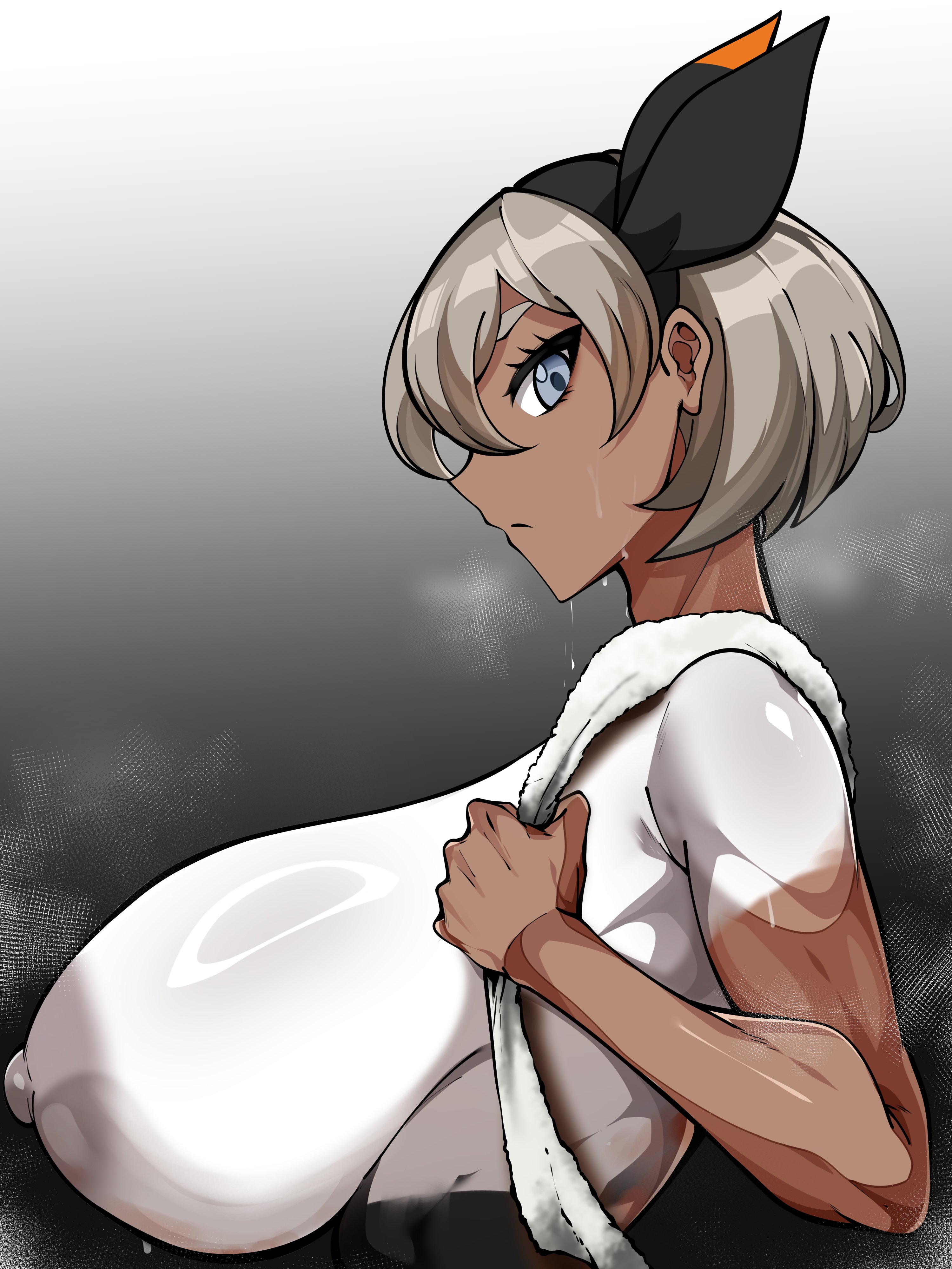 1girls, alternate breast size, bea (pokemon), blue eyes, bodypaint, breasts, breasts bigger than head, busty, curvaceous, curvy, curvy body, curvy female, curvy figure, dark skin, dark-skinned female, female, game freak, grey hair, gym leader, hi res, hips, huge breasts, naughty face, nintendo, owner (artist), painted clothes, pokemon, pokemon (game), pokemon ss, short hair, thick thighs, thighs, voluptuous, wide hips