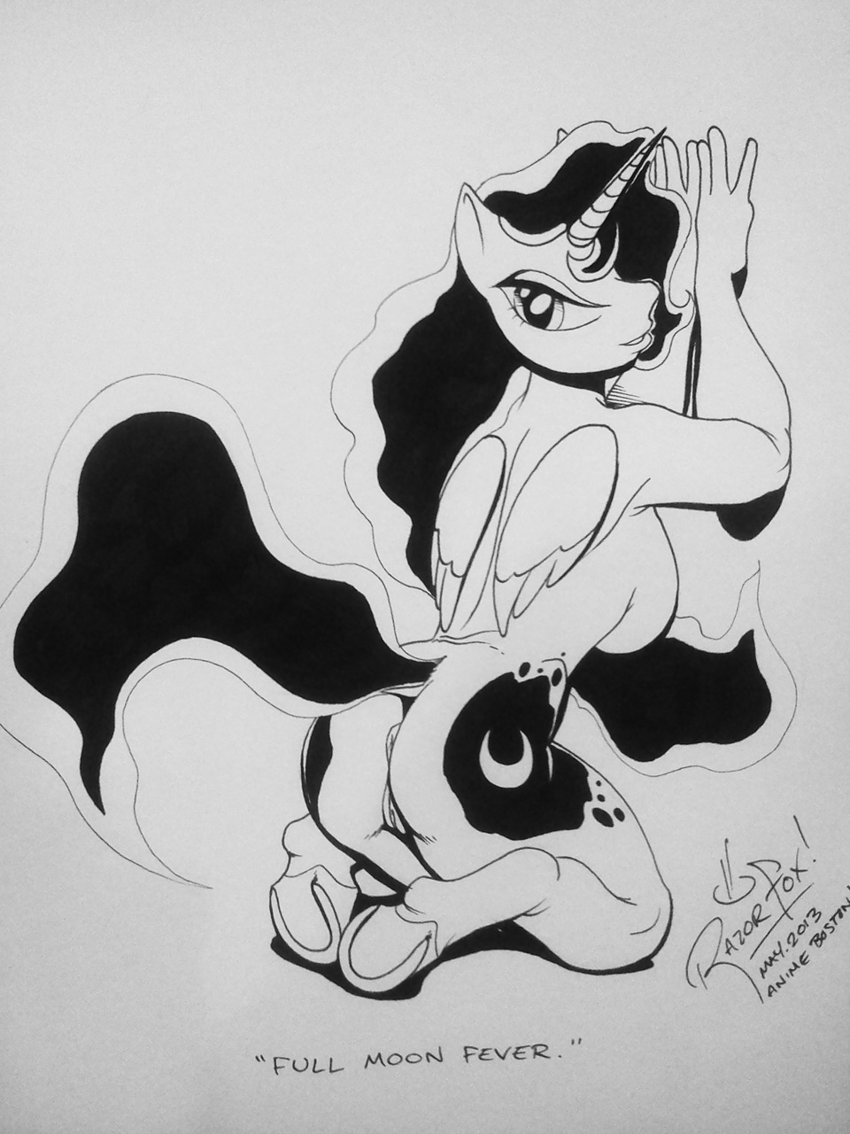 alicorn anthro ass cutie_mark female female_only friendship_is_magic fur hair hooves horn kneeling long_hair monochrome my_little_pony nude pony princess_luna_(mlp) razorfox smooth_skin solo tagme tail wings