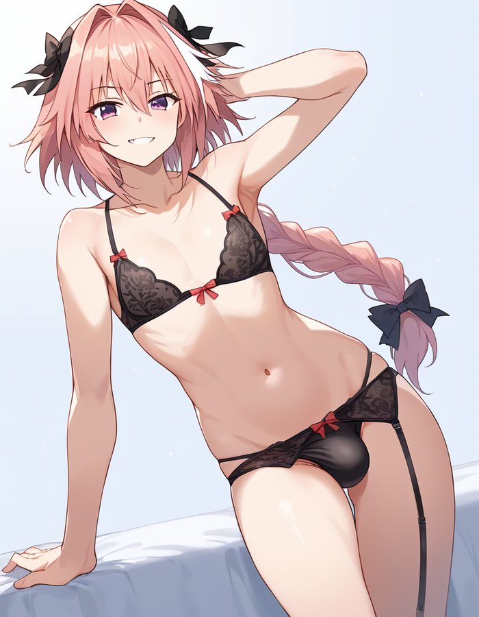 1boy, ai generated, astolfo (fate), braid, bulge, diettcolaa, fate (series), femboy, hand on head, lingerie, male, male only, narrow waist, otoko no ko, pink hair, purple eyes, ribs, simple background, smile, smirk