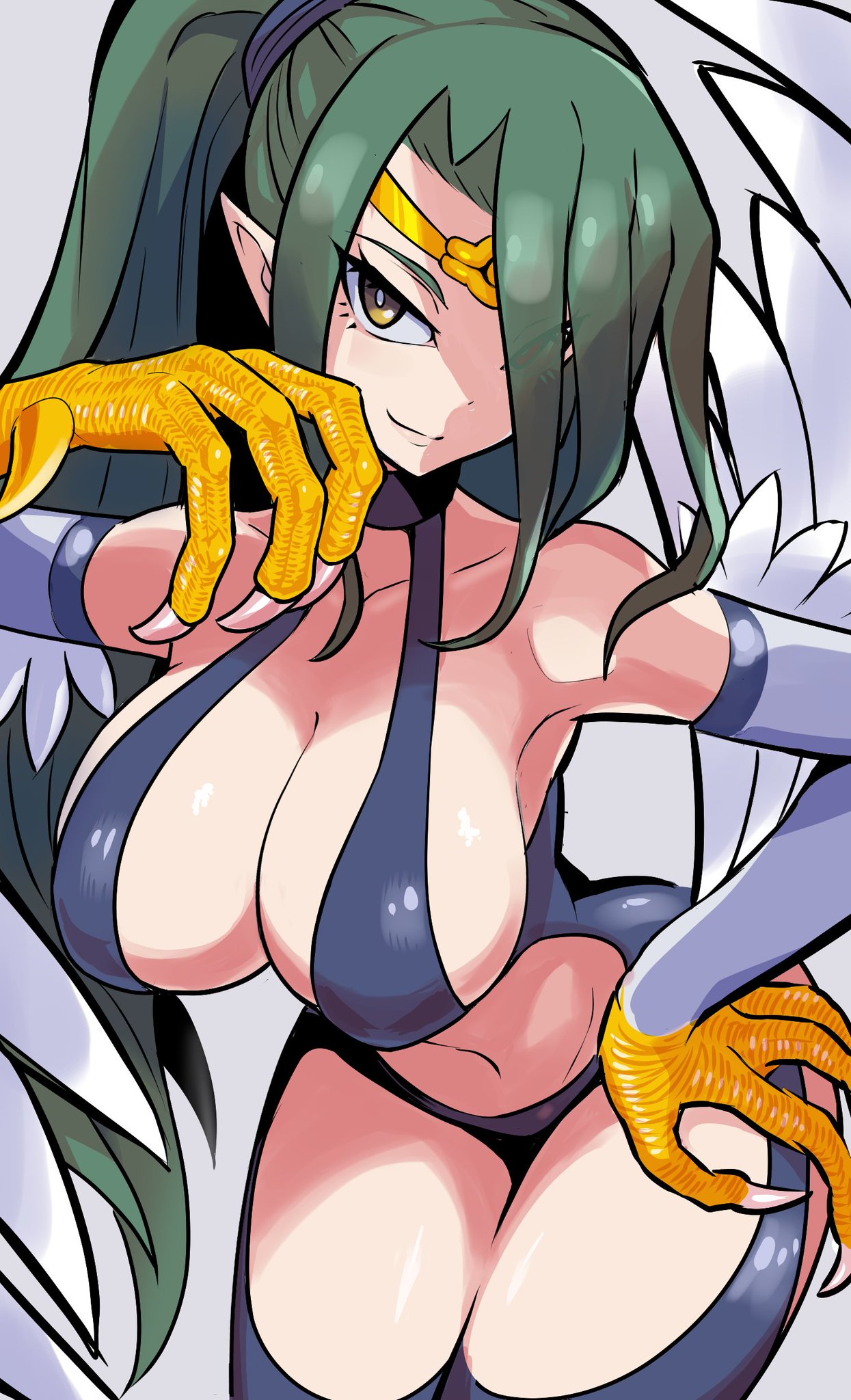 duel_monster elf_ears female gold_jewelry golden_eyes harpie_queen harpy large_breasts ponytail smirk tagme wbsbism yu-gi-oh!