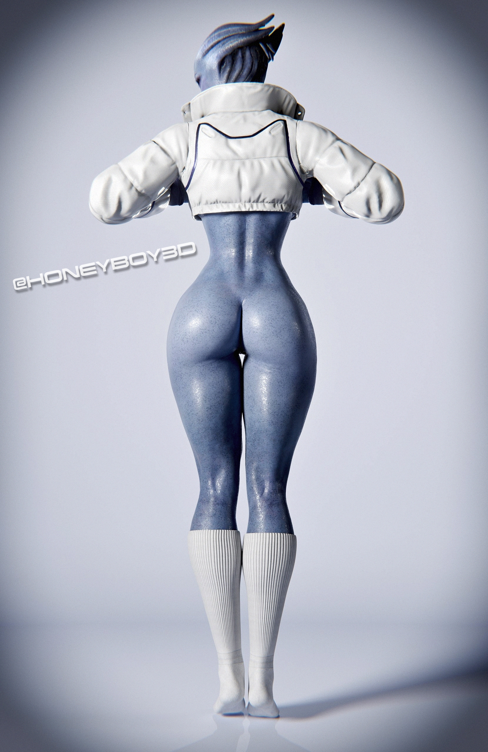 1female, 3d, alien, artist name, asari, big ass, blue body, blue skin, curvaceous, female, female only, fit, fit female, half-dressed, honeyboy3d, jacket, liara t'soni, looking back, mass effect, posing, self upload, semi nude, socks, voluptuous