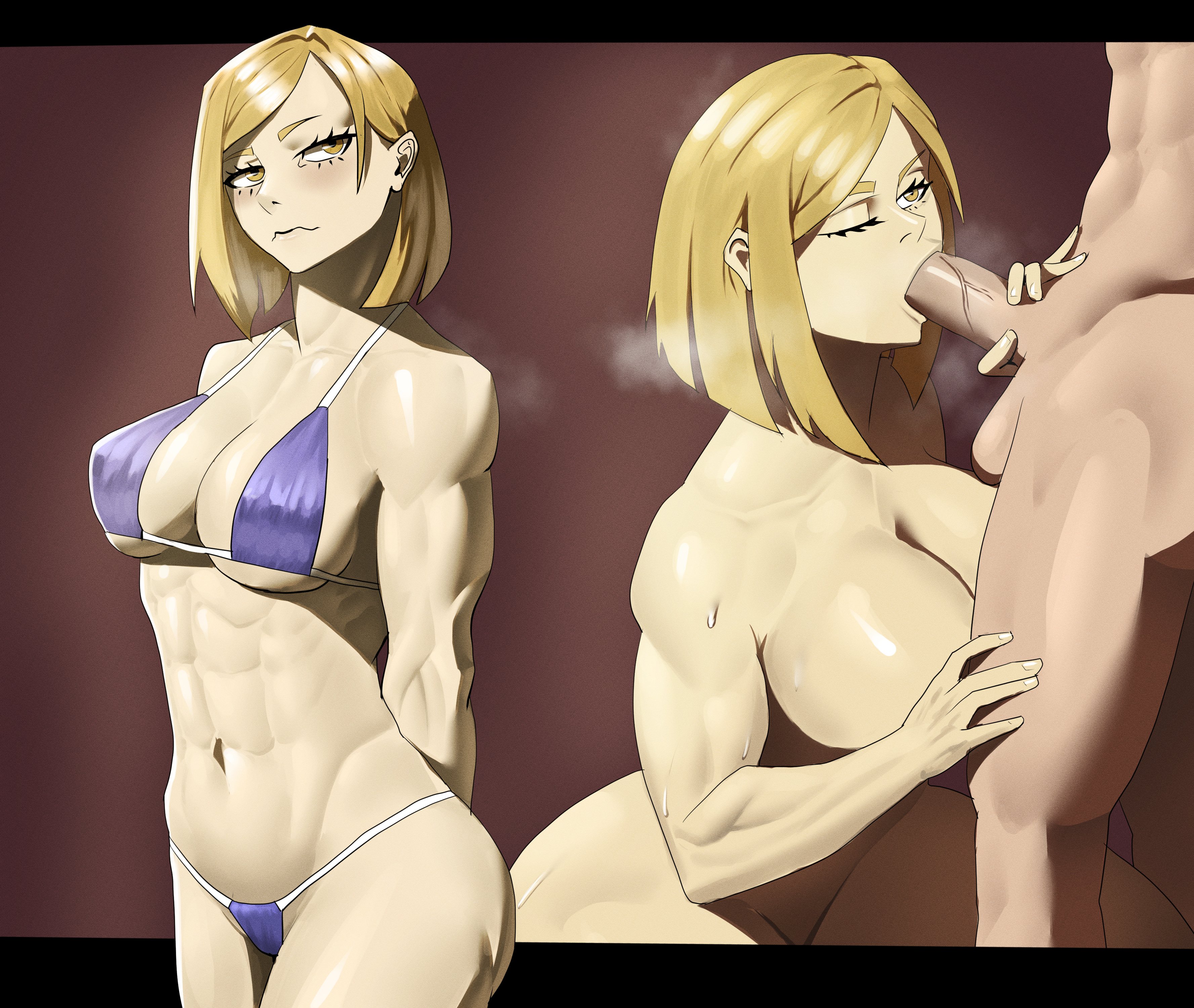 1boy, 1girls, 2024, 2d, abs, balls, ballsack, bikini, bikini bottom, bikini top, blowjob, breasts, brown hair, brown-haired female, collage, fellatio, female, hand around penis, hand on penis, hi res, huge breasts, human, human female, human male, human only, jujutsu kaisen, kneeling, kneeling oral position, kugisaki nobara, light skin, light-skinned female, male, male/female, miru5, muscular, muscular female, nude, nude female, one eye closed, oral, partial male, penis, penis in mouth, short hair, short-haired female, string bikini, string panties, sweat, sweaty, sweaty body, veiny penis