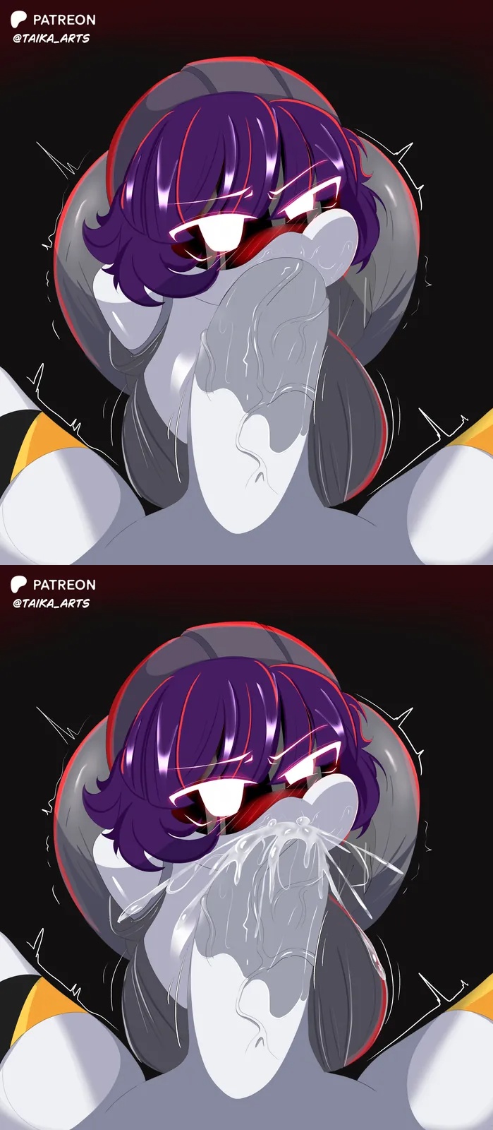 1boy, 1boy1girl, 1girls, black background, blowjob, cum in mouth, deepthroat, large penis, male/female, murder drones, n (murder drones), penis in mouth, purple eyes, purple hair, sex, sucking penis, taika artsv, yeva (murder drones)