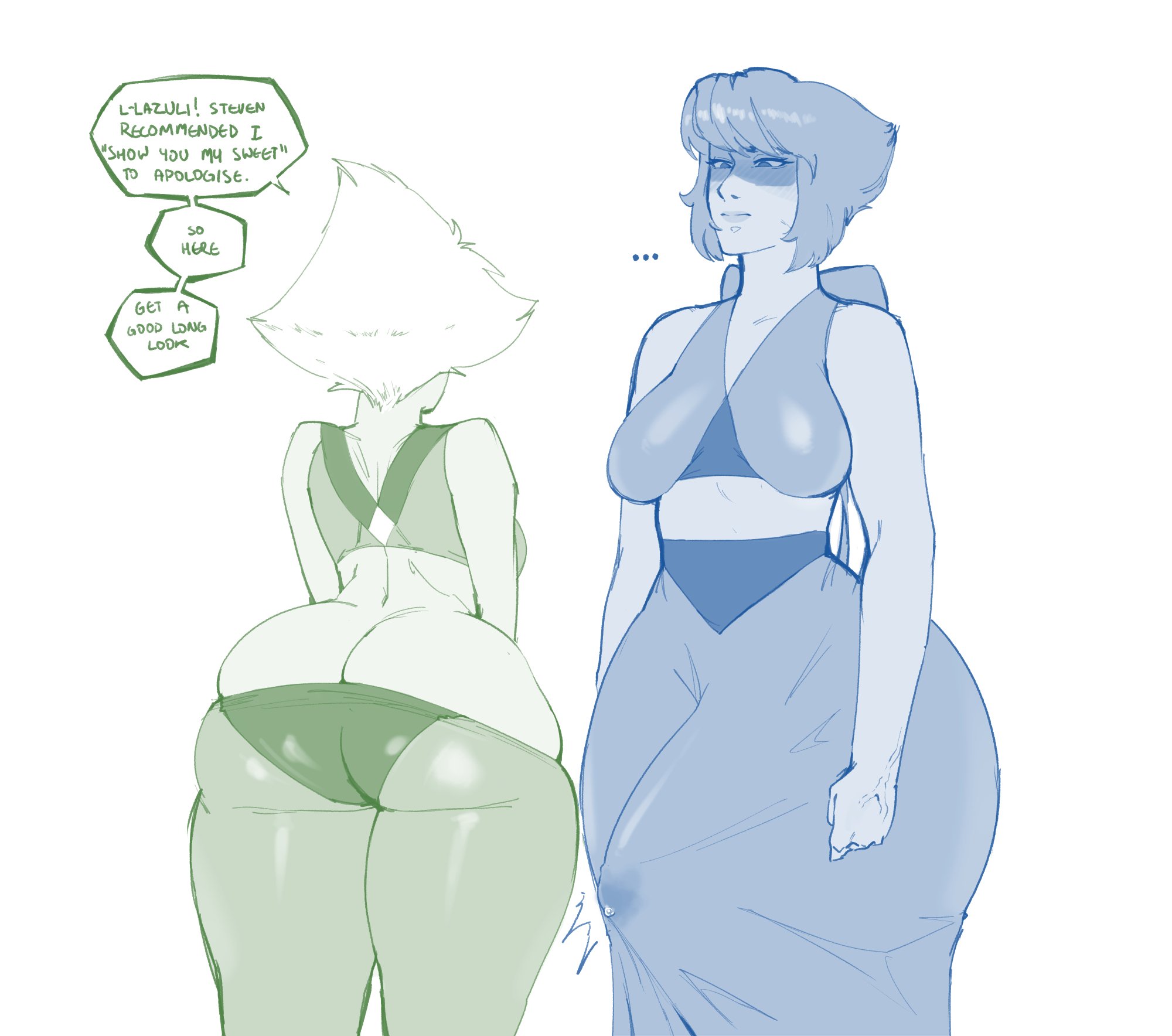 1girl1futa, apologizing, ass showing, imminent sex, lapis lazuli (steven universe), pants down, peridot (steven universe), pokko (artist), precum drip, precum stain, showing ass, steven universe, tagme, yuri