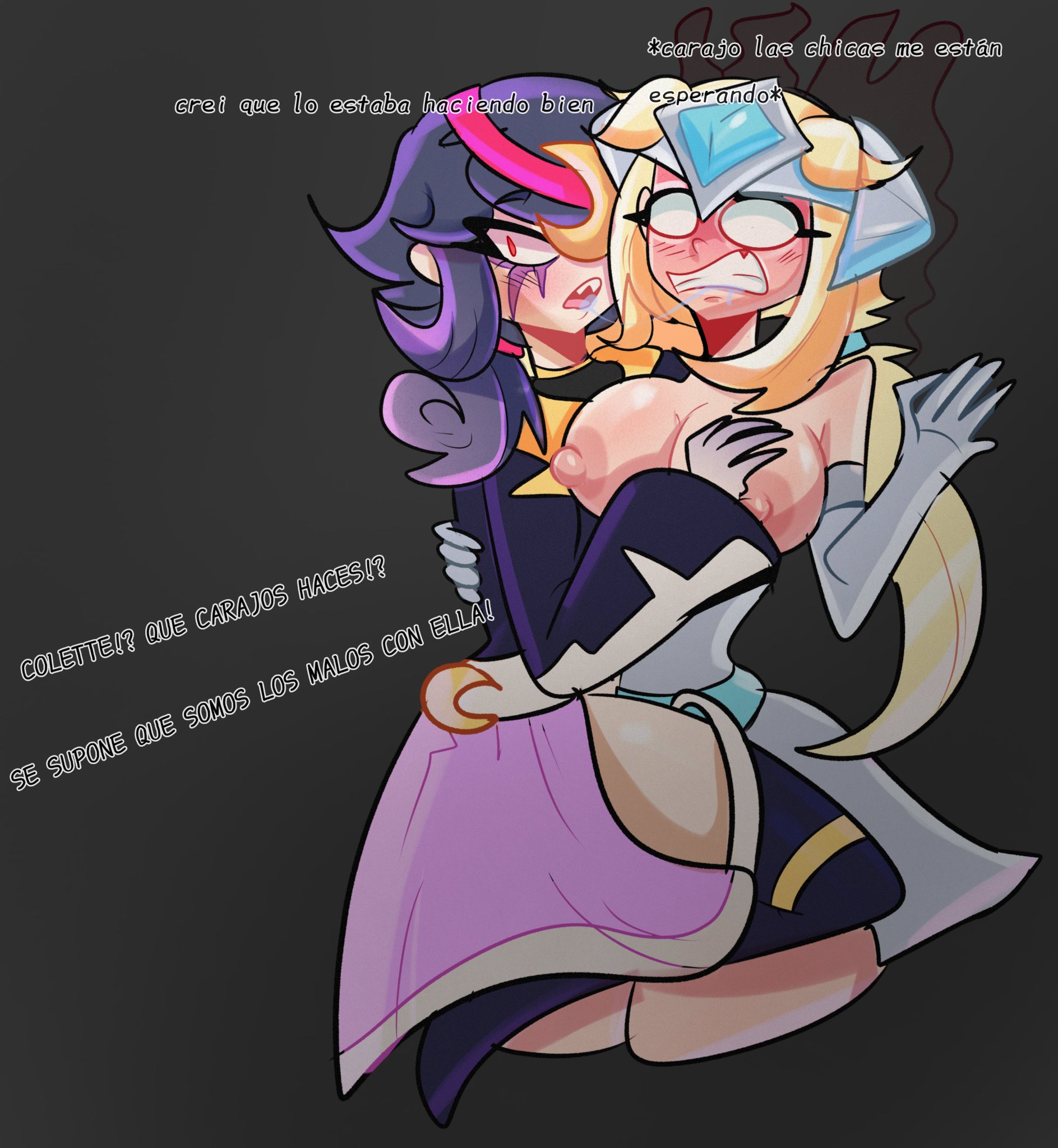 2girls, after kiss, areolae, black hair, blonde hair, brawl stars, breasts, caught, clothed, clothing, colette (brawl stars), dialogue, gloves, hand on breast, lesbian, medium breasts, misunderstanding, nancy (artist), o o, red eyes, saliva, saliva string, saliva trail, spanish text, starr nova (brawl stars), supercell, teeth, text, translated, translation check, twintails
