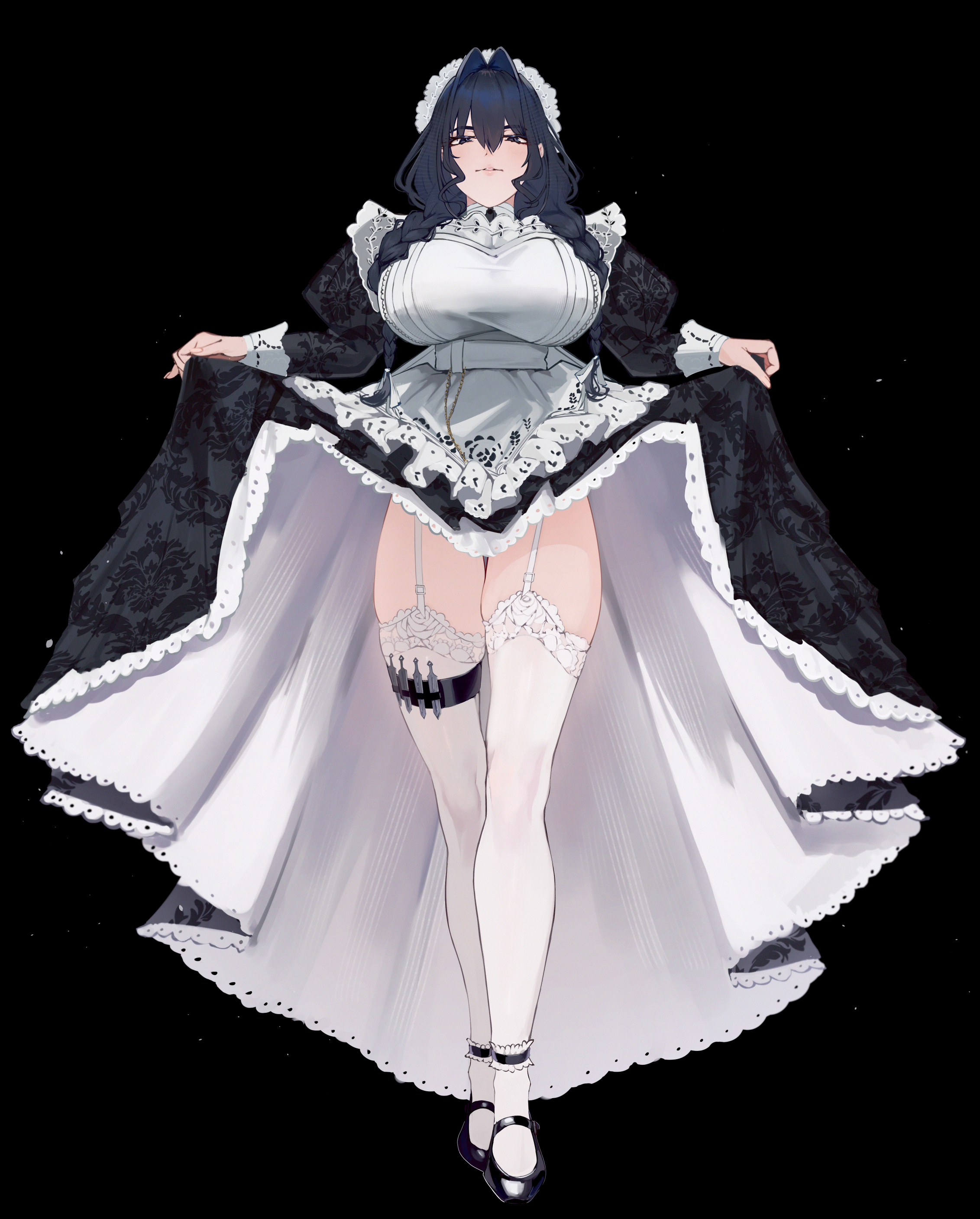 1girls, big breasts, black background, black dress, blue eyes, blue hair, braided hair, braided twintails, breasts, busty, busty female, choker, clothed, clothed female, concealed, concealed weapon, dress lift, eipanguino, exposing self, female, female focus, frilly clothing, frilly dress, garter straps, grabbing clothes, hair between eyes, hair intakes, hair vents, heels, high heels, hololive, hololive english, hololive english -council-, hololive english -promise-, huge breasts, knife, knives, large breasts, light skin, light-skinned female, lips, long hair, long legs, long sleeves, looking at viewer, looking down, looking down at viewer, maid, maid dress, maid hat, maid headdress, maid outfit, necklace, ouro kronii, ouro kronii (maid), puffy sleeves, simple background, solo, solo focus, standing, thick thighs, thigh belt, thigh holster, thigh squish, thigh strap, thighhighs, thighs, thighs together, throwing knife, twintails, virtual youtuber, white inner dress