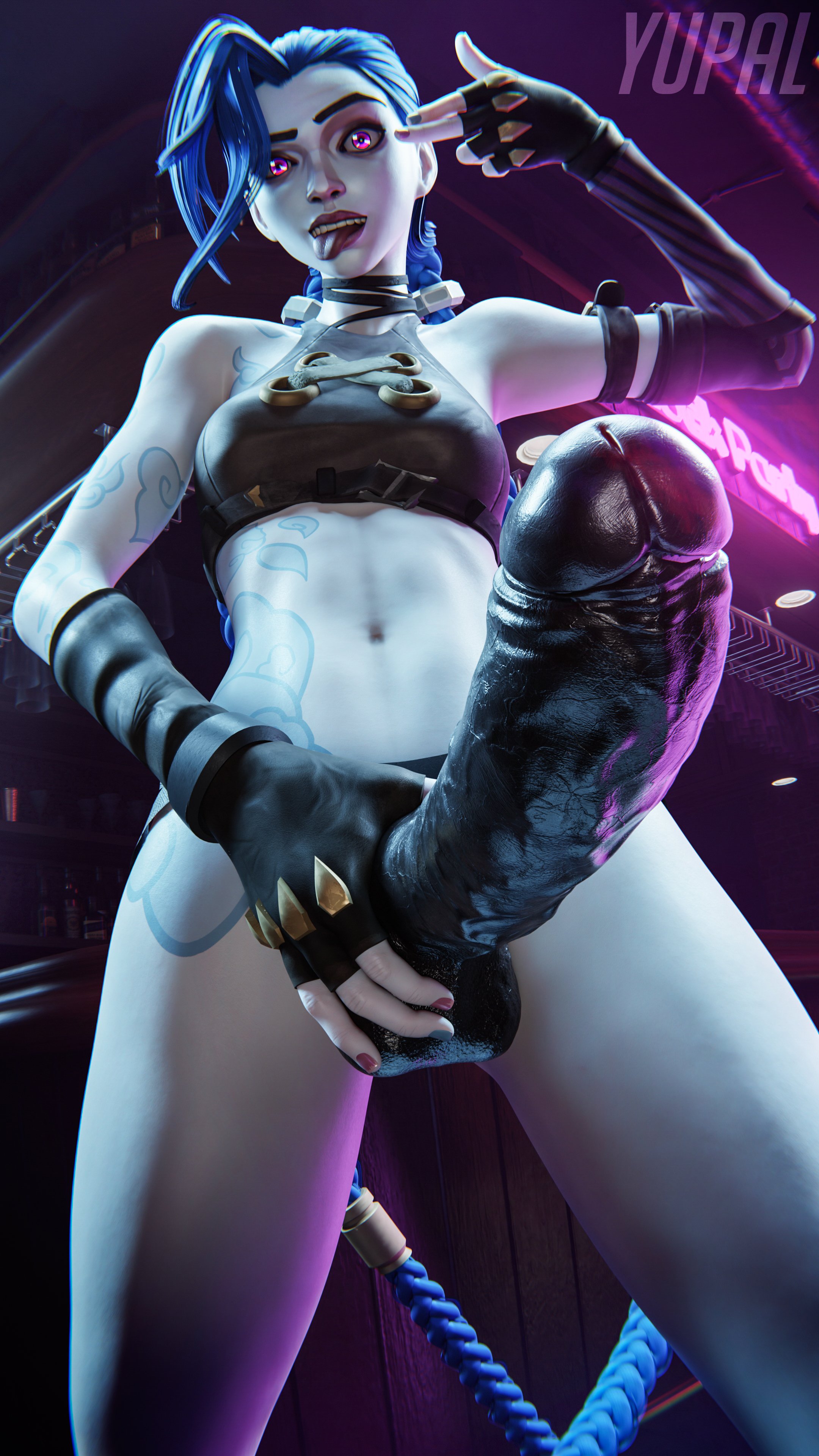 3d, blue hair, braid, braided ponytail, female, female only, finger gun, huge dildo, jinx (league of legends), league of legends, looking at viewer, partially clothed, petite, pink eyes, strap-on, strapon, taker pov, tongue out, yupal