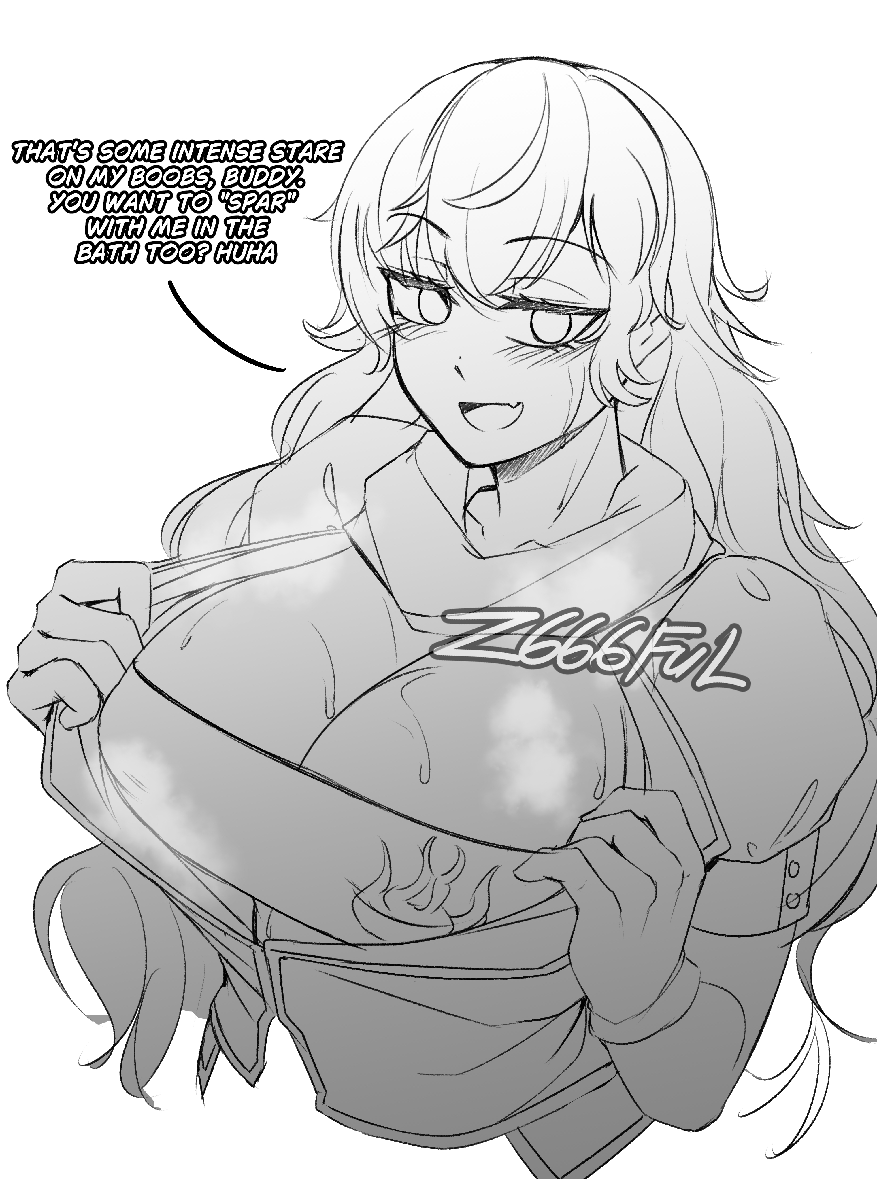 1girls, black and white, cleavage, clothed female, long hair, long hair female, rwby, solo female, sweaty, sweaty breasts, yang xiao long, z666ful