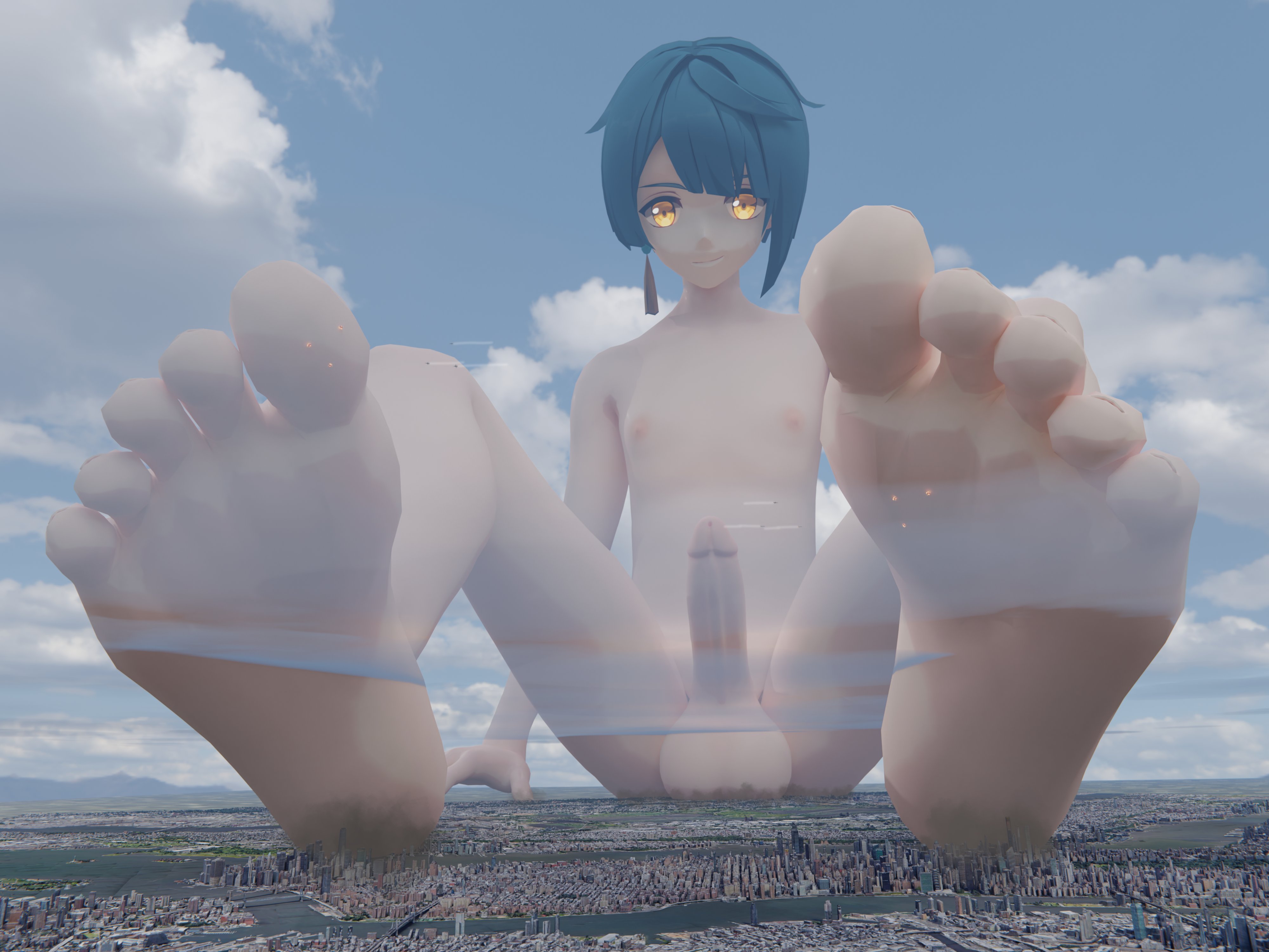 1boy, 3d, balls, big balls, big penis, blue hair, city, erect penis, erection, feet, femboy, foot fetish, foot focus, genshin impact, giant, giant femboy, giant male, light skin, light-skinned male, macro, male, male focus, male only, nude, nude male, penis, pyroskully, solo, testicles, trap, xingqiu (genshin impact)