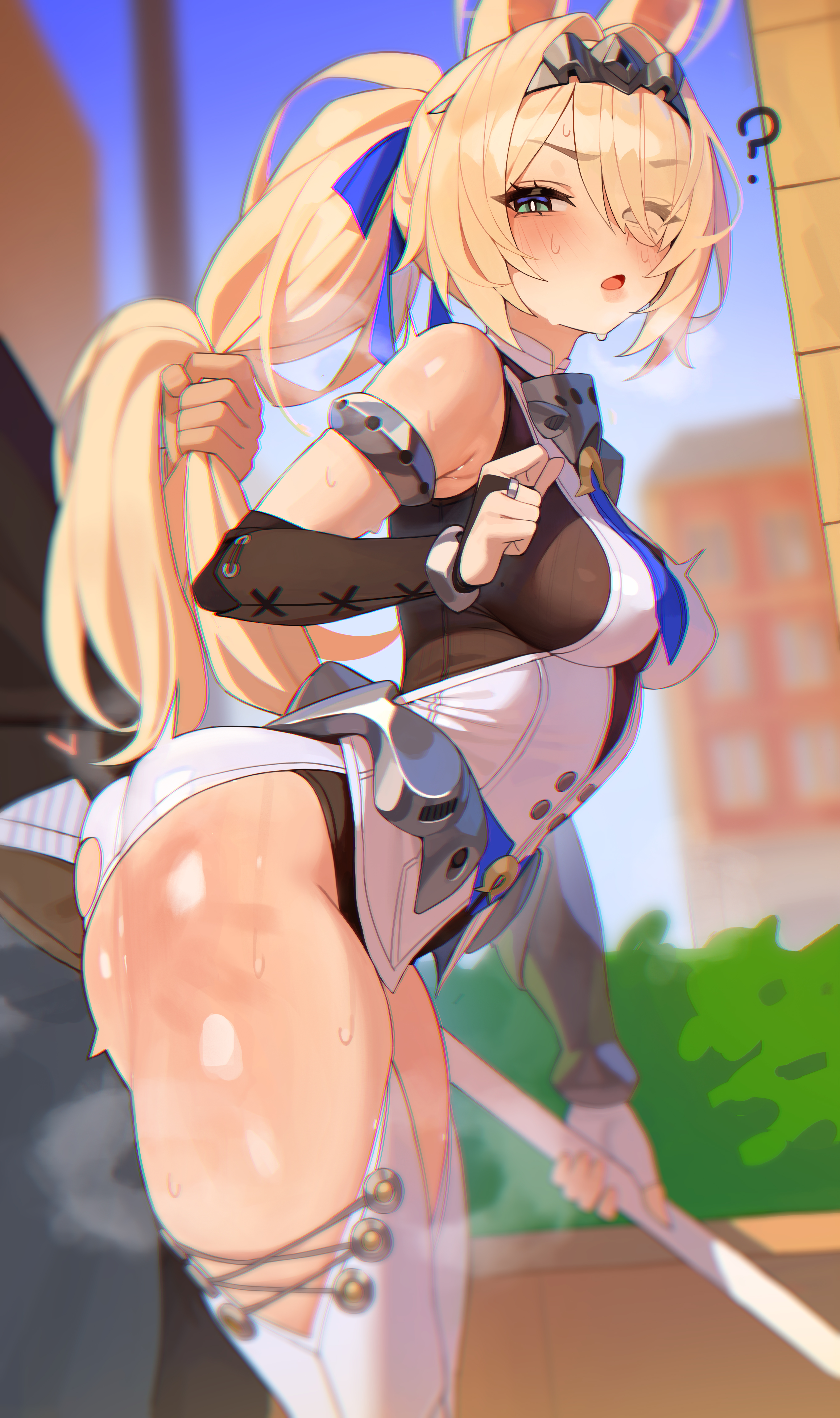 1boy, 1girl, blonde hair, blue eyes, blush, grabbing another's tail, grabbing from behind, grabbing hair, hair grab, hair over one eye, hetero, horse ears, horse girl, humping, hyuk (yeayeo), large breasts, nose blush, open mouth, ponytail, sigrid (zenless zone zero), sigrid de l'azur, solo focus, sweat, sweating, thick thighs, thighs, wise (zenless zone zero), zenless zone zero