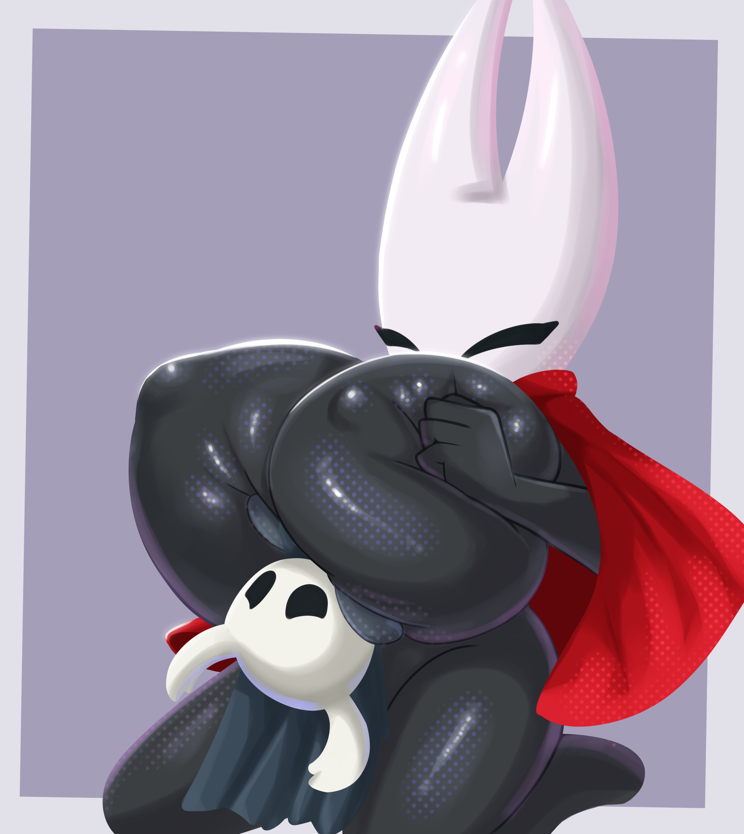 1boy, black body, femdom, full body paizuri, hollow knight, hornet (hollow knight), huge breasts, male, mysticpeppy, penile, stuck between breasts, the knight (hollow knight), tight clothing, trapped between breasts, upside-down