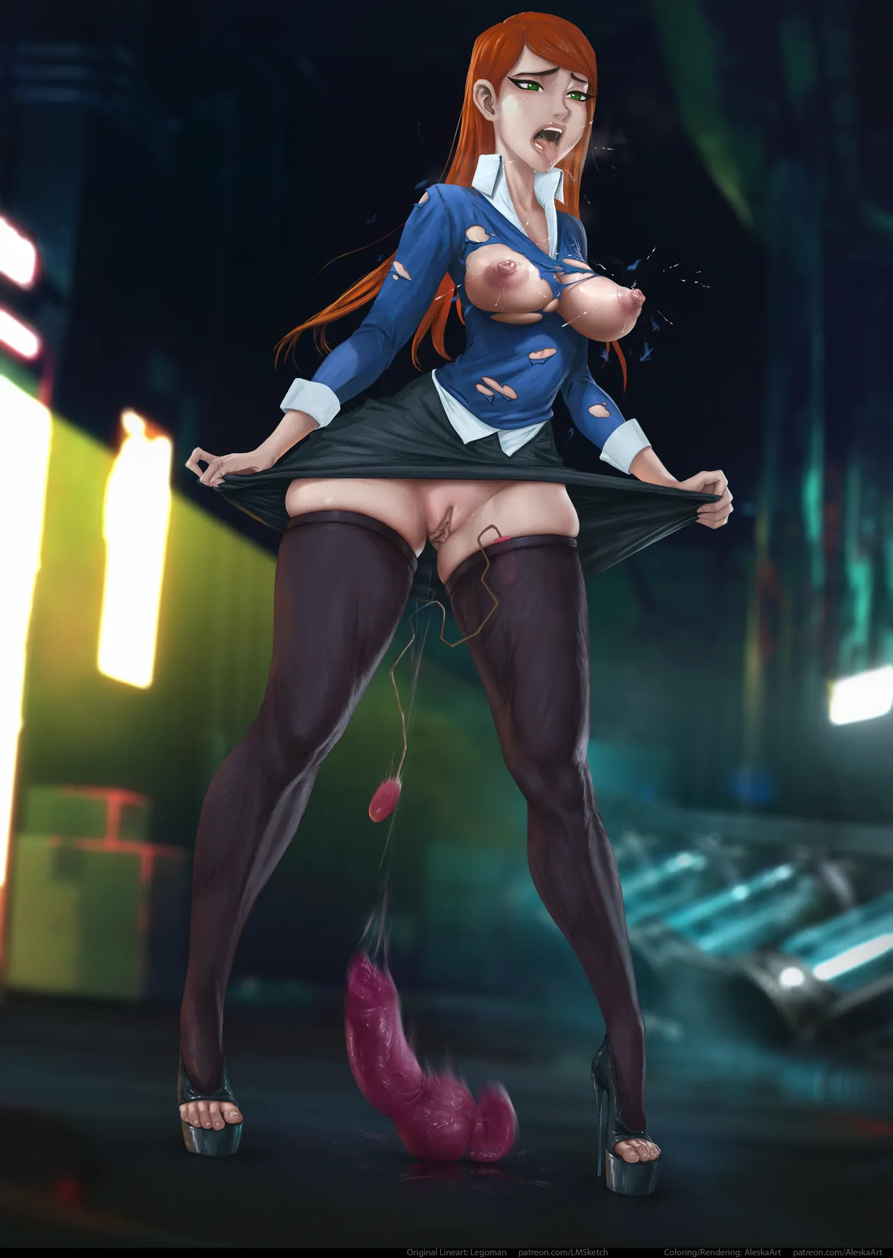 1girls, aleskaart, ben 10, ben 10 alien force, cartoon network, dildo, female, female only, green hair, gwen tennyson, gwen tennyson (alien force), legoman, red hair, solo, solo female, vagina, vibrator