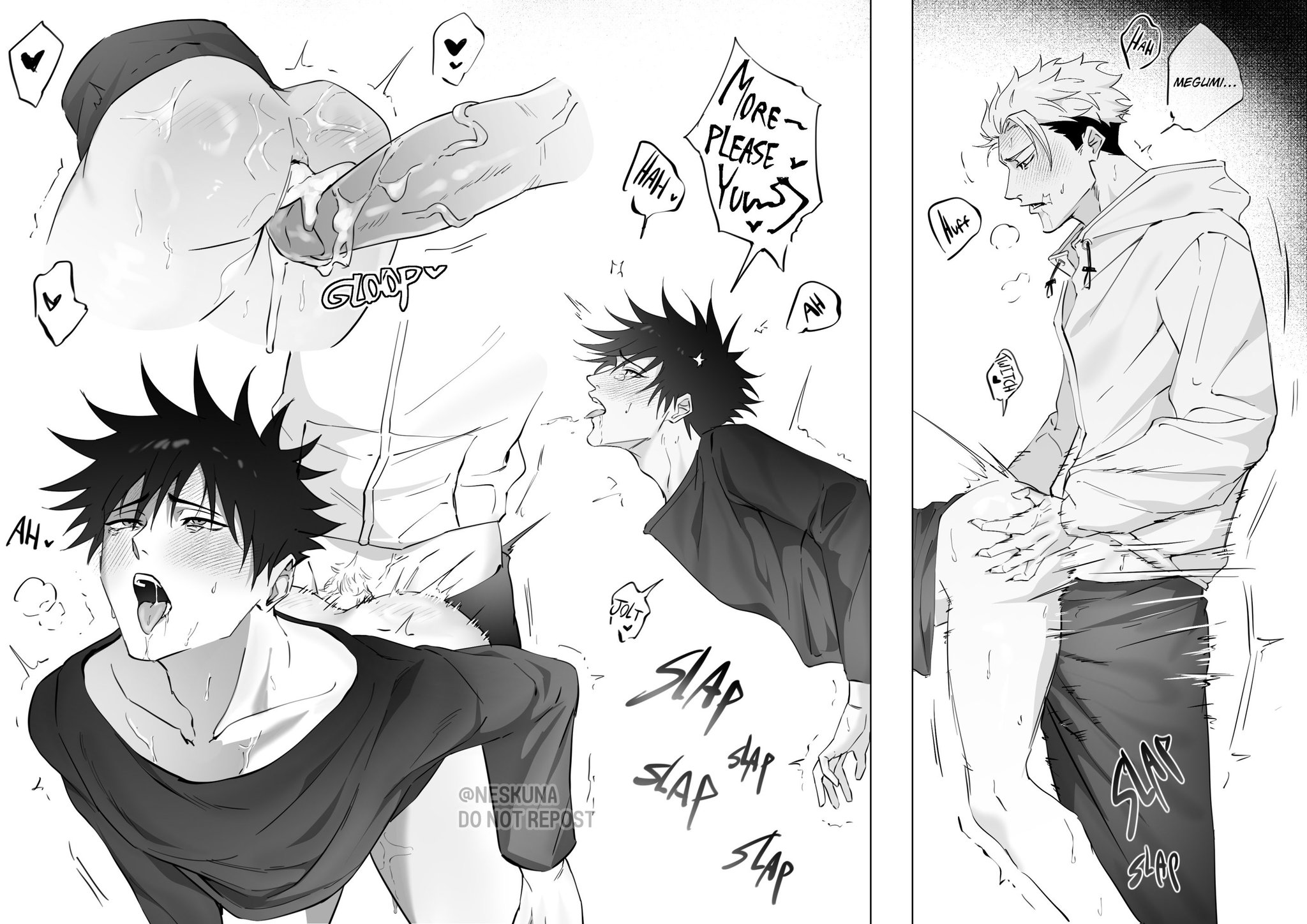 2boys, abs, ahegao, anal, anal sex, ass, ass grab, black hair, blush, clothed sex, clothes, comic, cum, cum inside, doggystyle, drool, english text, erection, fushiguro megumi, gay, gay anal, gay domination, gay sex, hand in ass, hoodie, itadori yuuji, itafushi, jujutsu kaisen, male only, male/male, monochrome, motion lines, multiple views, muscular, neskuna, open mouth, penetration, penis, pleasure face, pleasured, pleasured face, sex, sex from behind, sound effects, spanking, speech bubble, spiked hair, stuck in wall, submissive, submissive male, sweat, through wall, twink, white hair, yaoi