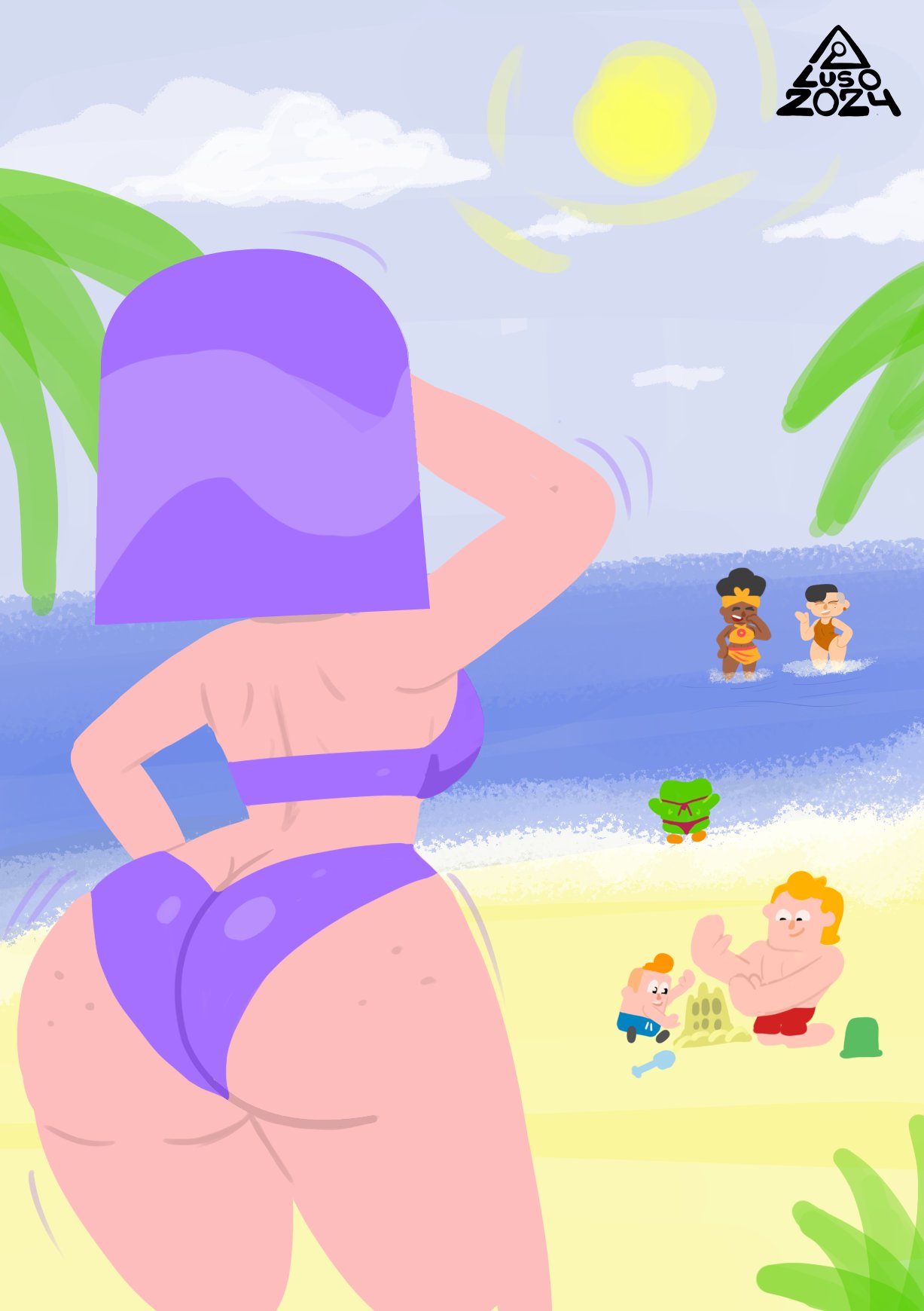 2024, 2d, 3boys, 3girls, 5humans, artist name, artist signature, ass, ass cleavage, ass focus, average breasts, back view, bea (duolingo), beach, big ass, bikini, bird, blonde, blonde hair, blonde hair male, blonde-haired male, blue swim trunks, breasts, butt crack outline, butt focus, clothed, clothed female, clothed male, cloud, clouds, dark skin, dark-skinned female, duo (duolingo), duolingo, eddy (duolingo), facing away, facing away from viewer, female, female ass, female ass focus, female butt, female focus, gluteal fold, hips, human, human female, human male, large ass, light skin, light-skinned female, light-skinned male, lily (duolingo), lin (duolingo), male, motion lines, ocean, one-piece swimsuit, open mouth, open mouth smile, open-mouth smile, outdoors, outside, owl, purple bikini, purple hair, purple hair female, purple-haired female, rear view, red swim trunks, sand, sandcastle, sea, seaside, sky, smile, smiling female, smiling male, solo focus, standing, straight hair, sun, sunshine, swim trunks, teeth showing, thelusoco, thick thighs, thighs, viewed from behind, water, wide hips