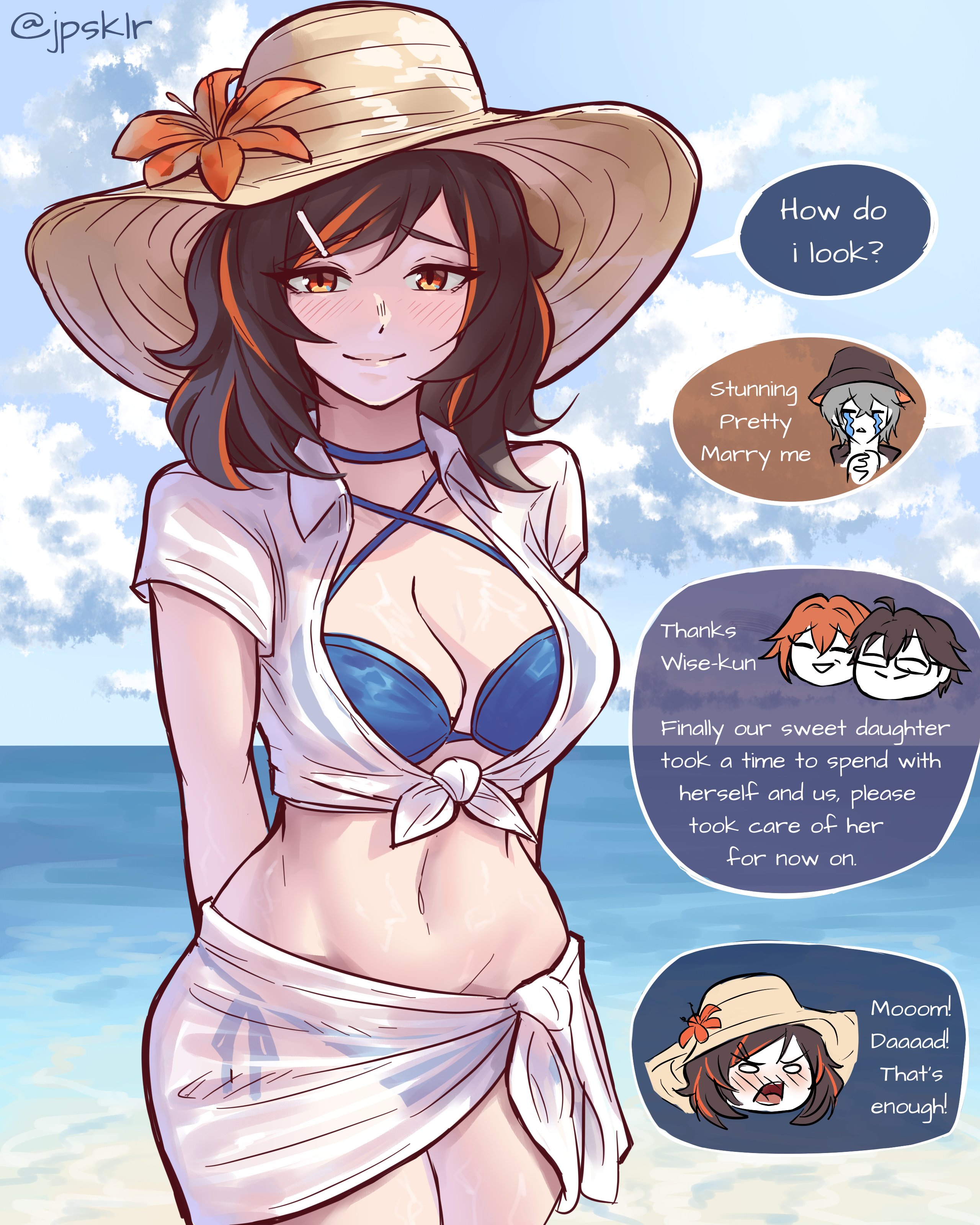 2026, artist request, beach, big breasts, blush, cleavage, hoyoverse, humor, loose hair, sun hat, swimsuit, tagme, wise (zenless zone zero), zenless zone zero, zhu yuan