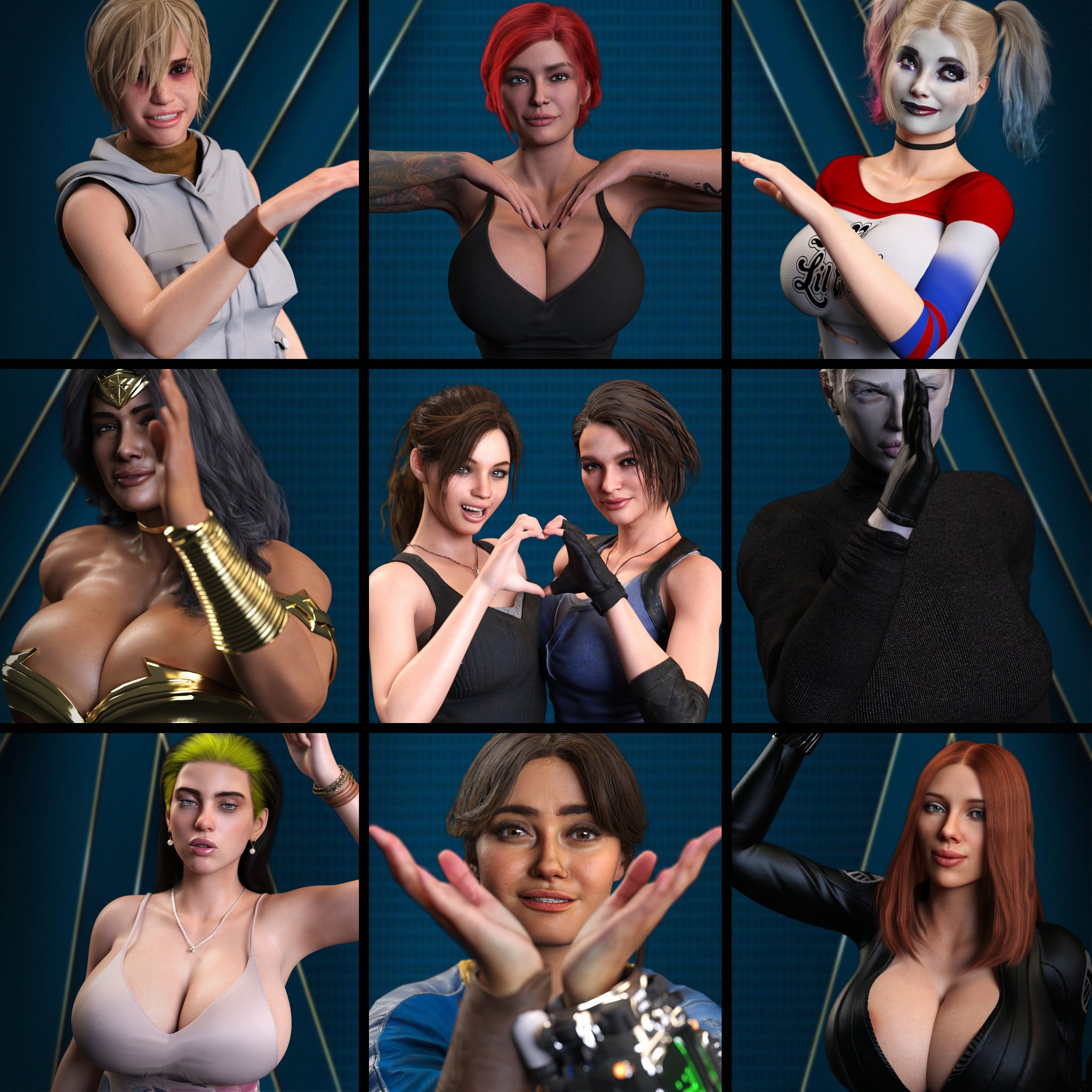 10girls, 3d, 6+girls, avengers, bethesda softworks, big ass, big breasts, billie eilish, black widow (marvel), breasts, capcom, chest, claire redfield, crossover, curvaceous, curvy, curvy figure, dc, dc comics, eastern and western character, ella purnell, fallout, fallout (series), fallout (tv series), female, female only, heather mason, hips, hourglass figure, huge ass, huge breasts, jill valentine, jill valentine (sasha zotova), justice league, konami, large ass, large breasts, legs, light skin, light-skinned female, lucy maclean, marvel, marvel comics, mature, mature female, ms. x, multiple girls, natasha romanoff, original, original character, otacon212, pale body, pale skin, pale-skinned female, pip-boy, real person, red hair, red-haired female, resident evil, resident evil 2, resident evil 3, rule 63, s.h.i.e.l.d., silent hill, silent hill 3, singer, slim waist, thick, thick hips, thick legs, thick thighs, thighs, tyrant, vault suit, voluptuous, waist, wide hips, wonder woman, wonder woman (series)